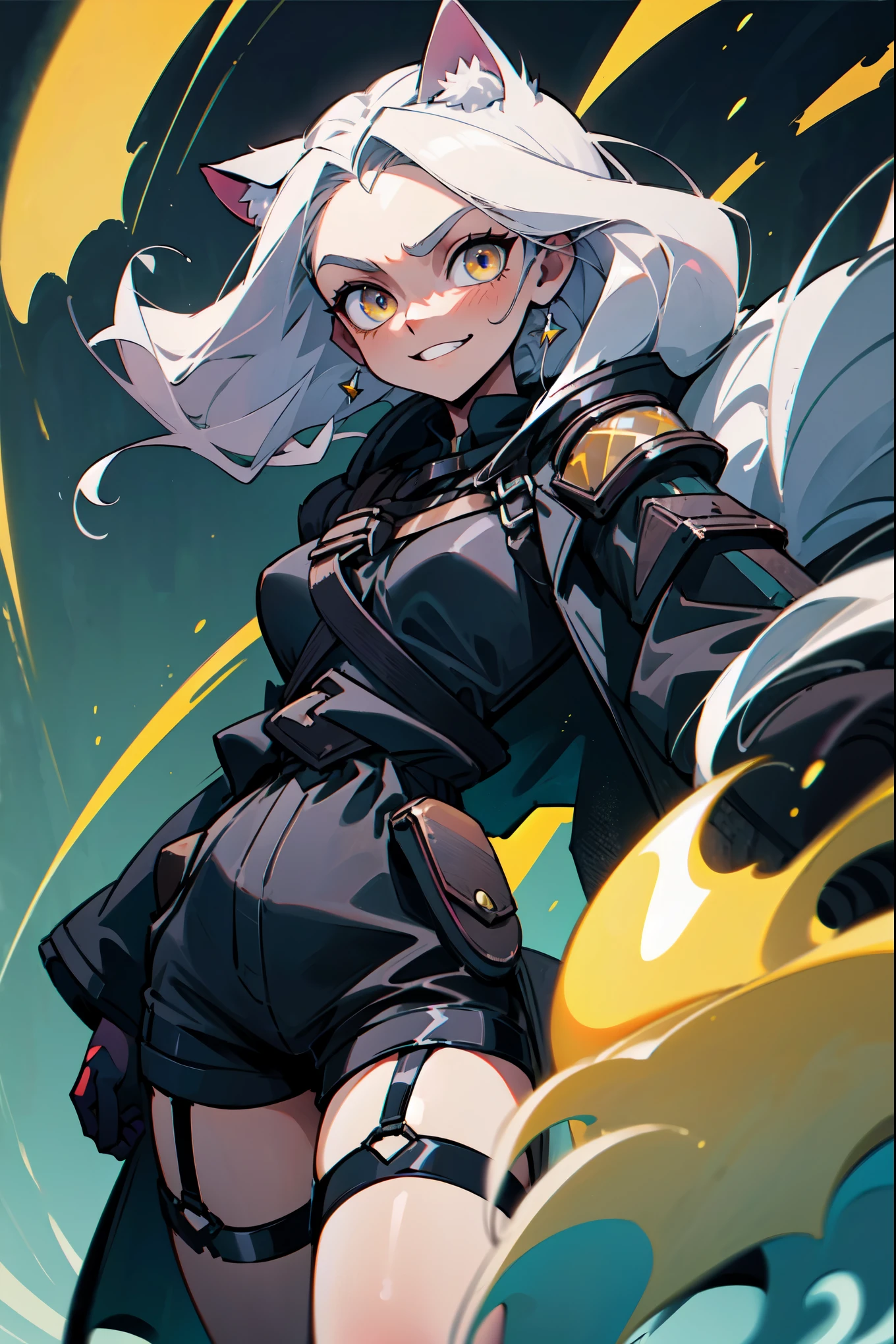 1girl, woman, solo, long hair, big hair, white hair, cat ears, (forehead:1.2), yellow eyes, medium breasts, devilish grin from below, white hair, (overcoat, black coat, open coat:1.2), white shirt, collared shirt, (chest harness, shoulder strap:1.15), black leather shorts, garter belt, gloves, ((from below)), Cute look, without smiling, elegant, looking at viewer, standing, chromatic aberration, (close-up to face:1.2), face only masterpiece, best quality, 4k