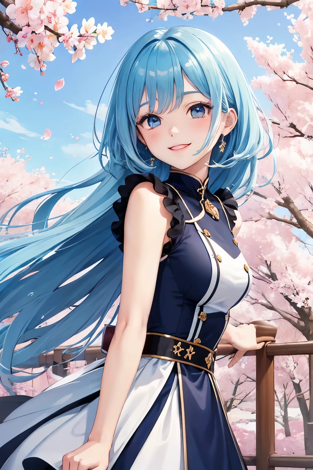 highest quality Hair colorlight blue smile Under the cherry blossoms blue eyes anime sunny Neat type with arms folded behind the back Hair semi-long hair sways in the wind front