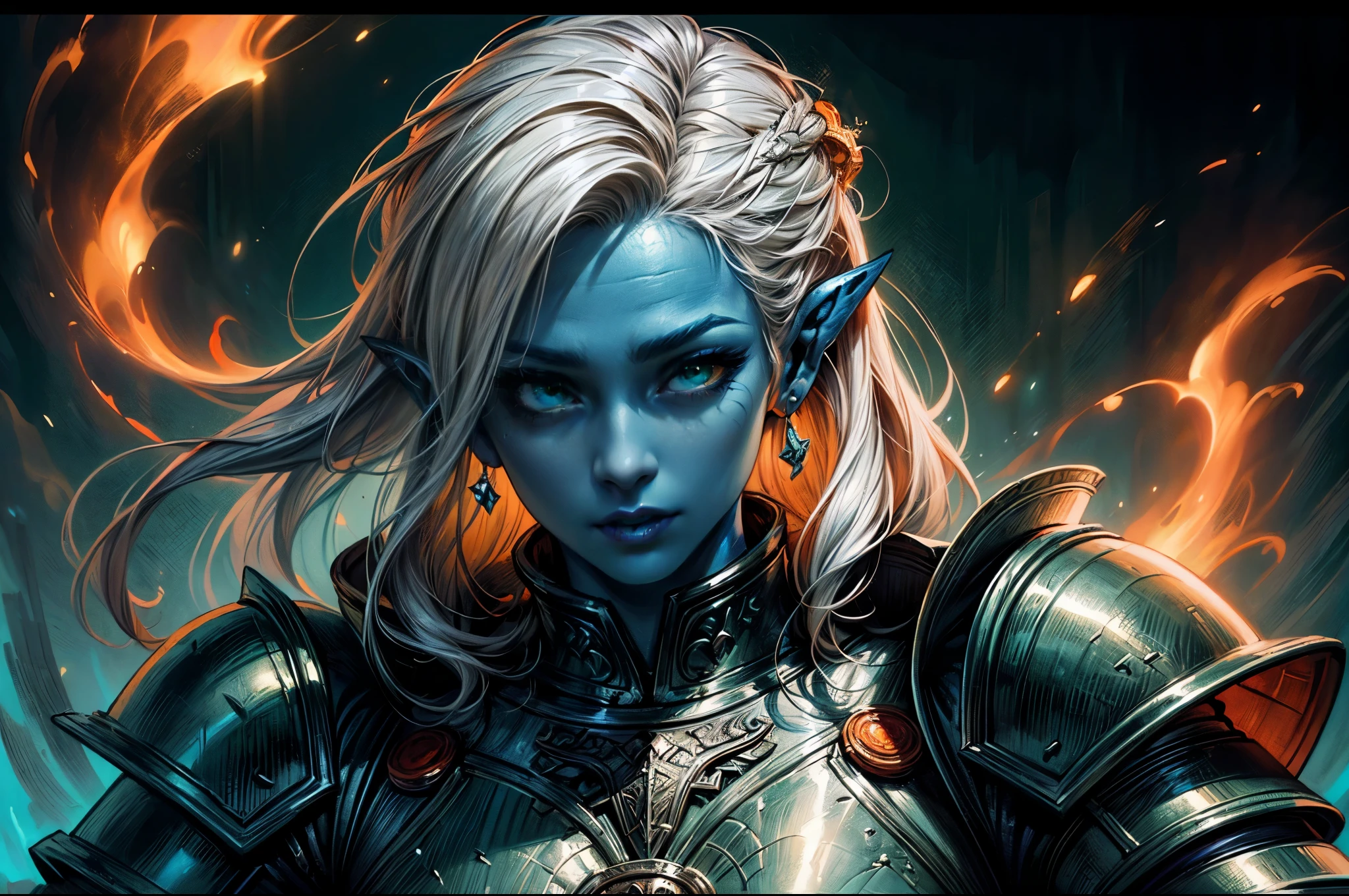 fantasy art, dnd art, RPG art, wide shot, (masterpiece: 1.4) a (portrait: 1.3) intense details, highly detailed, photorealistic, best quality, highres, portrait a female (fantasy art, Masterpiece, best quality: 1.3) ((blue skin: 1.5)), intense details facial details, exquisite beauty, (fantasy art, Masterpiece, best quality) cleric, (blue: 1.3) skinned female, (white hair: 1.4), long hair, (hair hides ears: 1.5), (green eyes: 1.3), fantasy art, Masterpiece, best quality) armed a fiery sword red fire, wearing heavy (white: 1.3) half plate mail armor, wearing high heeled laced boots, wearing an(orange :1.3) cloak, wearing glowing holy symbol GlowingRunes_yellow, within fantasy temple background, reflection light, high details, best quality, 16k, [ultra detailed], masterpiece, best quality, (extremely detailed), close up, ultra wide shot, photorealistic, RAW, fantasy art, dnd art, fantasy art, realistic art,((best quality)), ((masterpiece)), (detailed), perfect face,