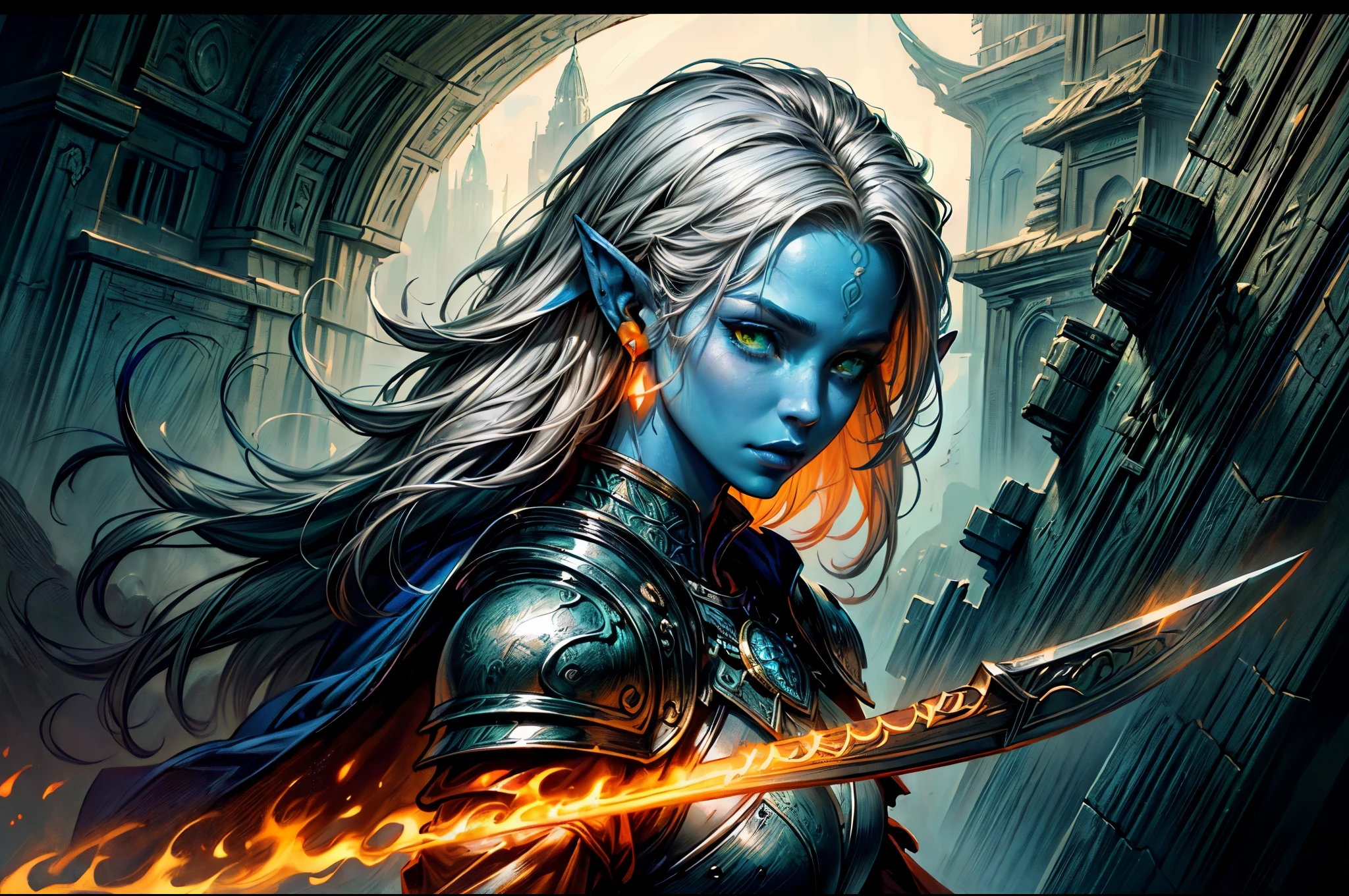 fantasy art, dnd art, RPG art, wide shot, (masterpiece: 1.4) a (portrait: 1.3) intense details, highly detailed, photorealistic, best quality, highres, portrait a female (fantasy art, Masterpiece, best quality: 1.3) ((blue skin: 1.5)), intense details facial details, exquisite beauty, (fantasy art, Masterpiece, best quality) cleric, (blue: 1.3) skinned female, (white hair: 1.4), long hair, (hair hides ears: 1.5), (green eyes: 1.3), fantasy art, Masterpiece, best quality) armed a fiery sword red fire, wearing heavy (white: 1.3) half plate mail armor, wearing high heeled laced boots, wearing an(orange :1.3) cloak, wearing glowing holy symbol GlowingRunes_yellow, within fantasy temple background, reflection light, high details, best quality, 16k, [ultra detailed], masterpiece, best quality, (extremely detailed), close up, ultra wide shot, photorealistic, RAW, fantasy art, dnd art, fantasy art, realistic art,((best quality)), ((masterpiece)), (detailed), perfect face,