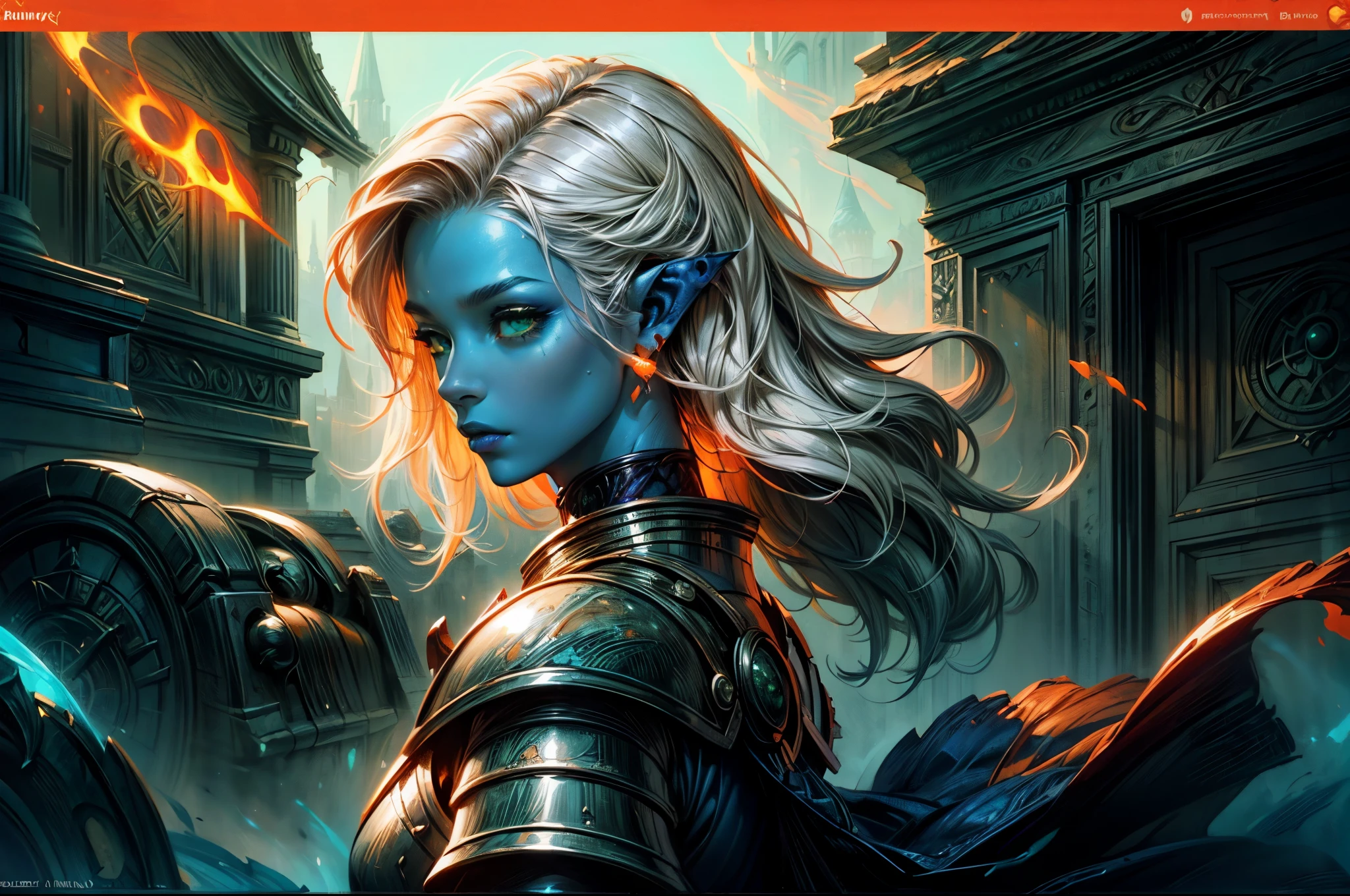 fantasy art, dnd art, RPG art, wide shot, (masterpiece: 1.4) a (portrait: 1.3) intense details, highly detailed, photorealistic, best quality, highres, portrait a female (fantasy art, Masterpiece, best quality: 1.3) ((blue skin: 1.5)), intense details facial details, exquisite beauty, (fantasy art, Masterpiece, best quality) cleric, (blue: 1.3) skinned female, (white hair: 1.4), long hair, (hair hides ears: 1.5), (green eyes: 1.3), fantasy art, Masterpiece, best quality) armed a fiery sword red fire, wearing heavy (white: 1.3) half plate mail armor, wearing high heeled laced boots, wearing an(orange :1.3) cloak, wearing glowing holy symbol GlowingRunes_yellow, within fantasy temple background, reflection light, high details, best quality, 16k, [ultra detailed], masterpiece, best quality, (extremely detailed), close up, ultra wide shot, photorealistic, RAW, fantasy art, dnd art, fantasy art, realistic art,((best quality)), ((masterpiece)), (detailed), perfect face,