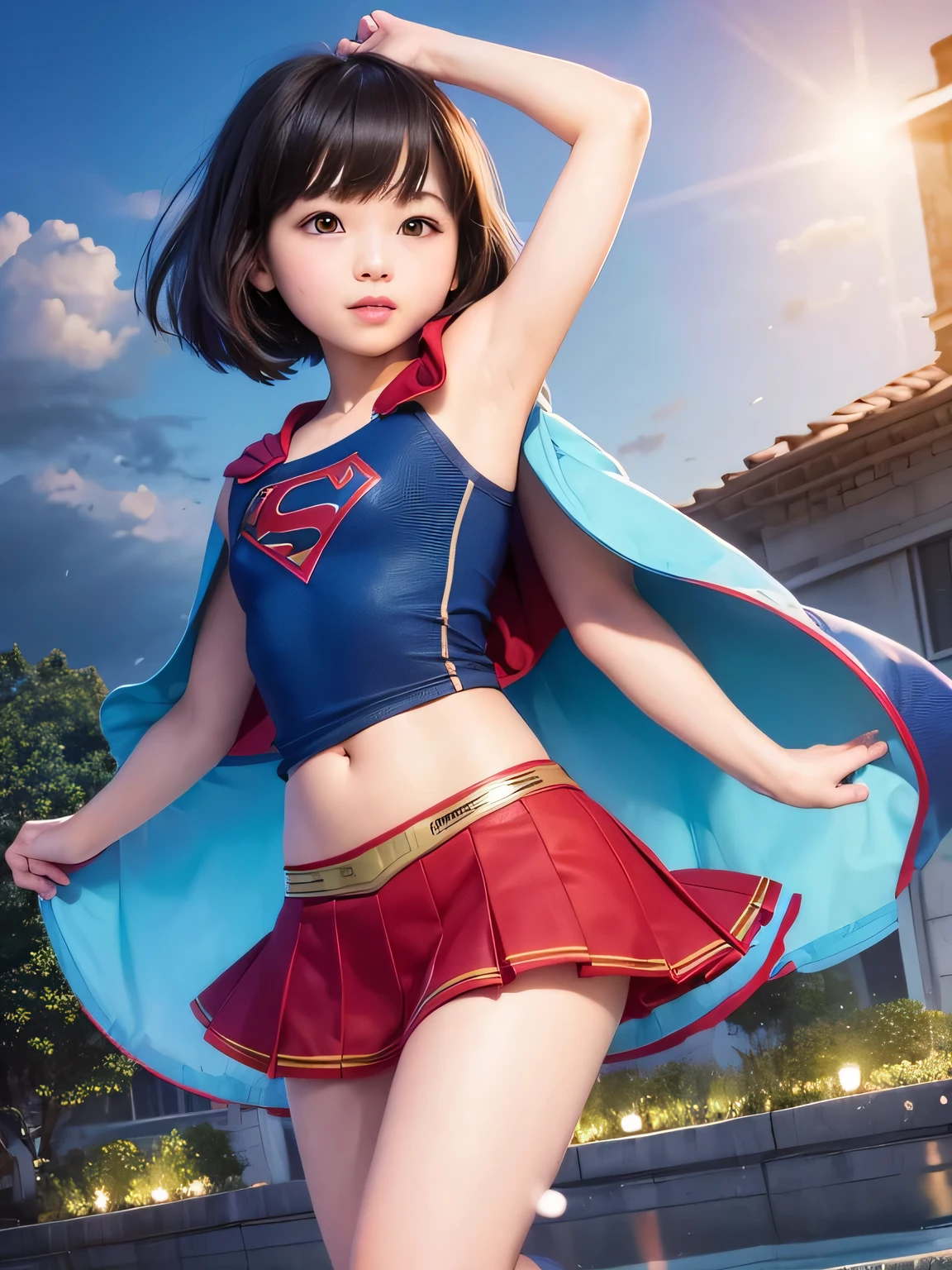 A is wearing Supergirl clothes..、masterpiece、highest quality、Spreading black hair、bob cut with trimmed ends、(flat chest)、lolicon、red cloak、belly button、Glowing heart particles dance in the air、Rooftop background with pool、whole body、smile