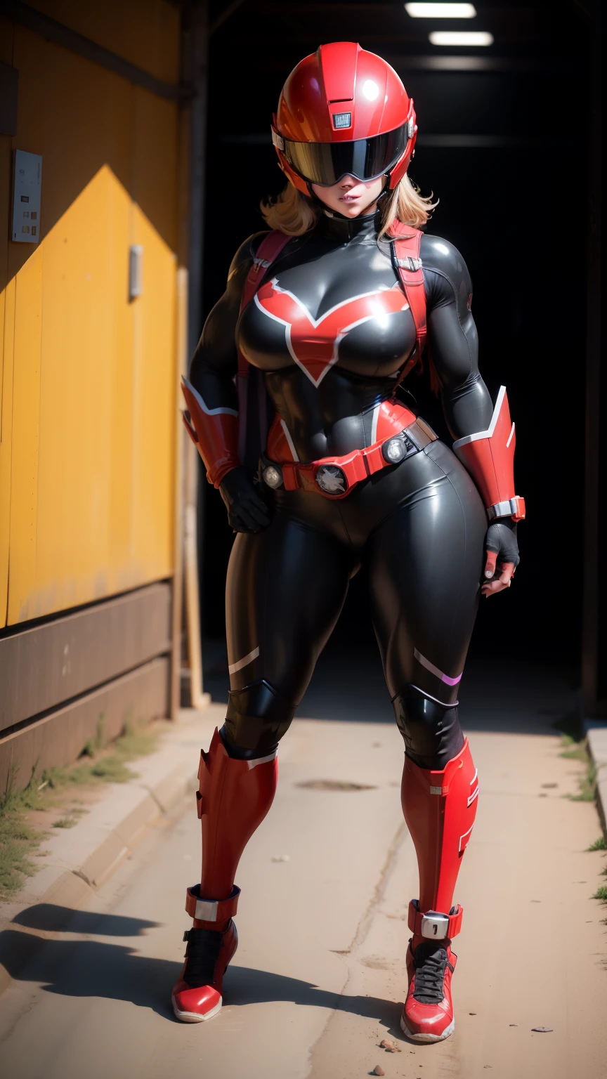 Fundo explodindo das Montanhas Rochosas、Série Super Sentai、Megaranger, muscle girl, Full body purple clothes, large hips ,Escolha uma pose de transformação、((black helmet covering entre face)), 8k, superdetail, Full body view, ((don't show eyes and faces)), viseira do capacete fechada preta, red shoes, black helmet,