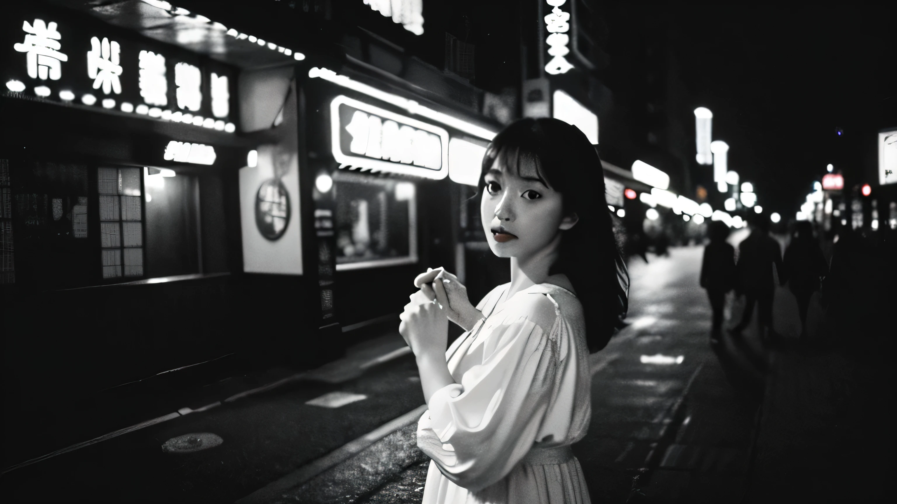Fujicolor C200 film still. Dreaming of a nightclub hostess in a nightdress, Set in the neon streets of Yokohama at night., Against the backdrop of the Showa retro townscape. soft and natural skin tone, To emphasize timeless elegance and the contrast of light and shadow、Currently shot in black and white。. image, convert to black and white, Bring out the nostalgia, Based on the historical atmosphere of the Showa era and modern times.. Bright diffused light highlights the details and textures of the nightdress and surrounding environment。. in the style of documentary photography, Aspect ratio 16:9, RAW style, To emphasize the interaction of light and shadow in a nostalgic atmosphere、reimagined in monochrome。.