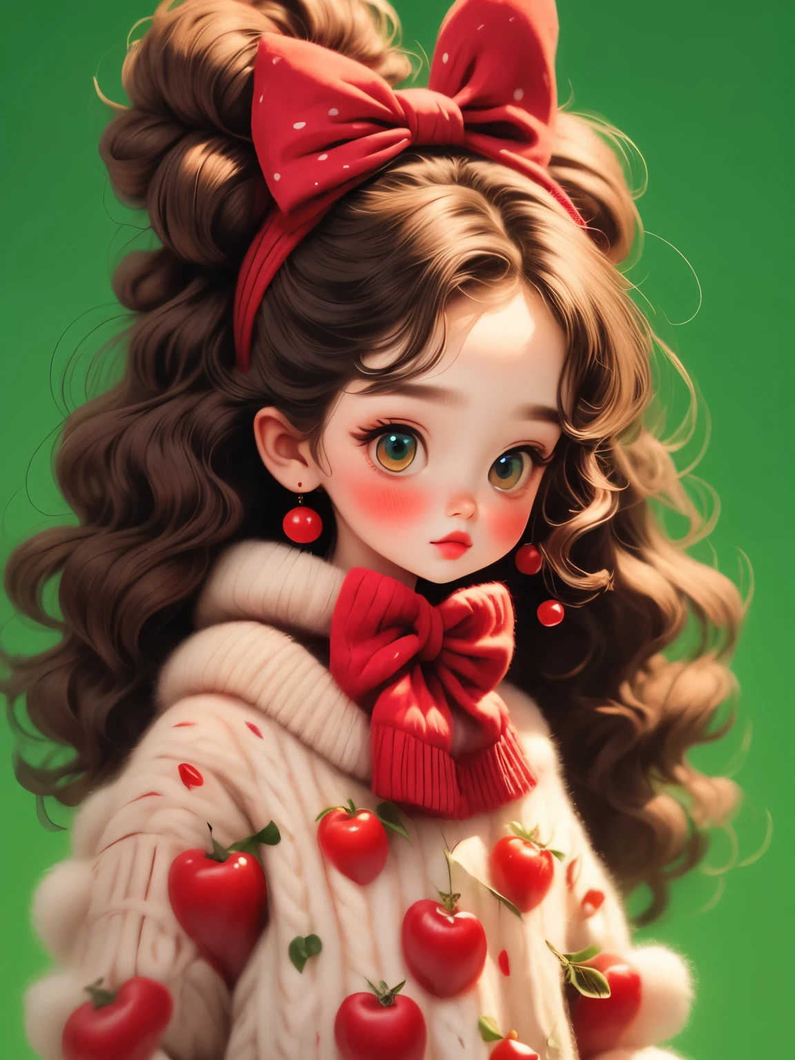 (masterpiece, best quality:1.2).Chibi doll,3D,1 beautiful girl,Skin detail processing,The eyes are finely described,Delicate hair,fluffy hair,bow headband,Loose and slouchy sweater,Geometric patterns,Sweater details,hairy,Warm,skirt,Retro contrasting colors,clean background,green,blue,red,