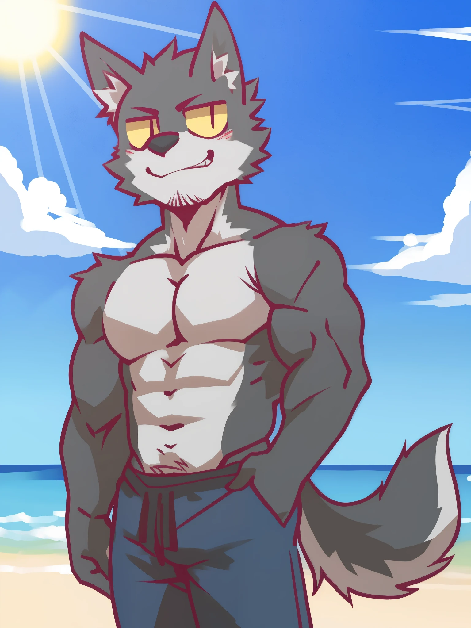 flunky, black wolf, kemono, muscular, detailed eyes, yellow sclera, (black iris), topless, sexy, blue short pants ; high res, masterpiece, best quality, outdoor background, lineart