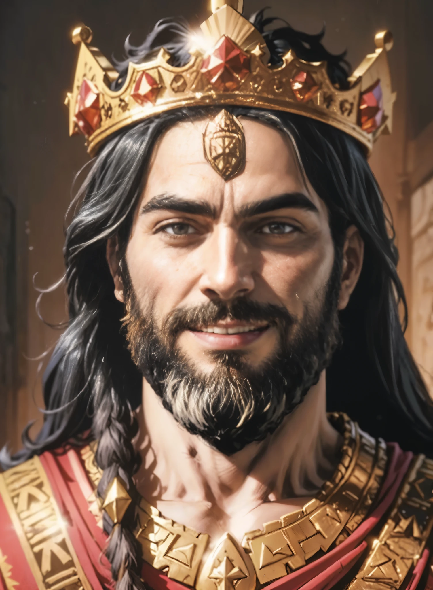 image of a bearded king with a crown on his head. The king is smiling. biblical costumes. biblical style. biblical setting. comic book style. Estilo marvel.