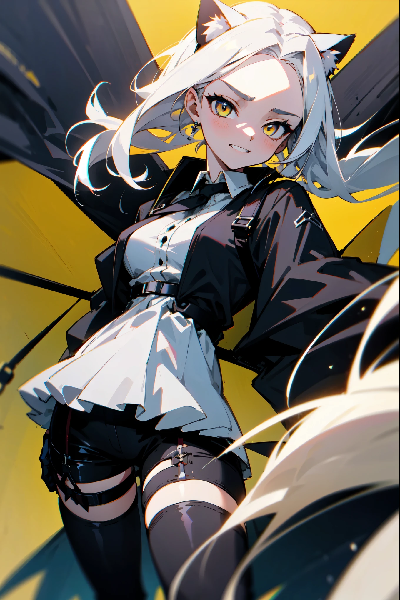 1girl, woman, solo, long hair, big hair, white hair, cat ears, (forehead:1.2), yellow eyes, medium breasts, devilish grin from below, white hair, (overcoat, black coat, open coat:1.2), white shirt, collared shirt, (chest harness, shoulder strap:1.15), black leather shorts, garter belt, gloves, ((from below)), Cute look, without smiling, elegant, looking at viewer, standing, chromatic aberration, (close-up to face:1.2), face only masterpiece, best quality, 4k