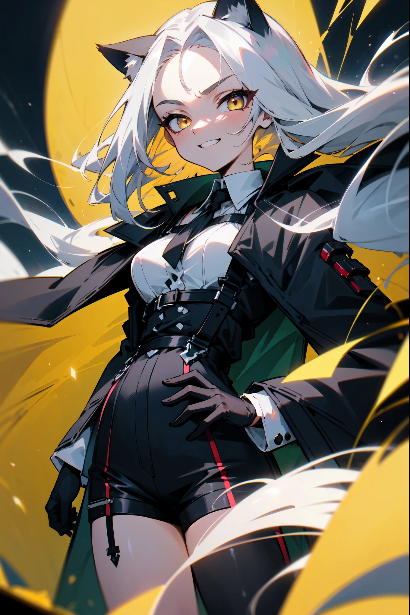 1girl, woman, solo, long hair, big hair, white hair, cat ears, (forehead:1.2), yellow eyes, medium breasts, devilish grin from below, white hair, (overcoat, black coat, open coat:1.2), white shirt, collared shirt, (chest harness, shoulder strap:1.15), black leather shorts, garter belt, gloves, ((from below)), Cute look, without smiling, elegant, looking at viewer, standing, chromatic aberration, (close-up to face:1.2), face only masterpiece, best quality, 4k
