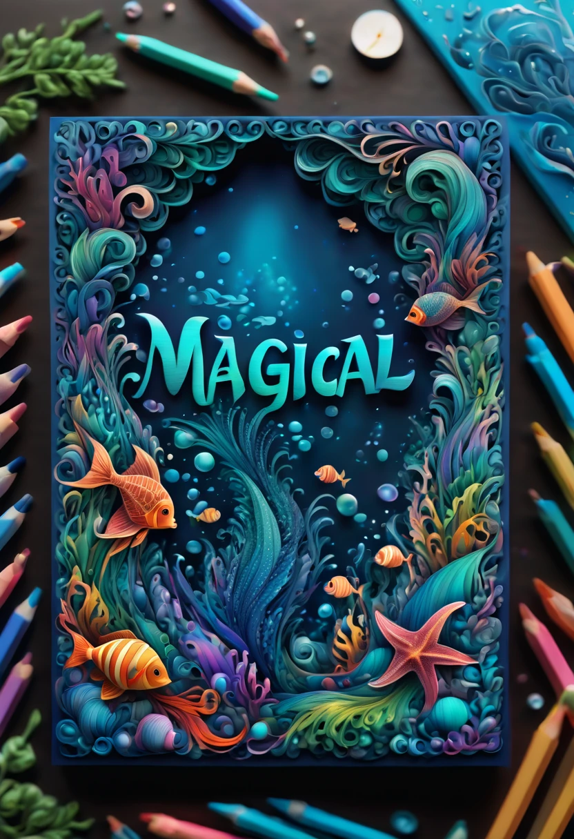(best quality,ultra-detailed,realistic:1.37), text that says "magical lora", in the ocean, zentangle, full colored, 3d crunch,