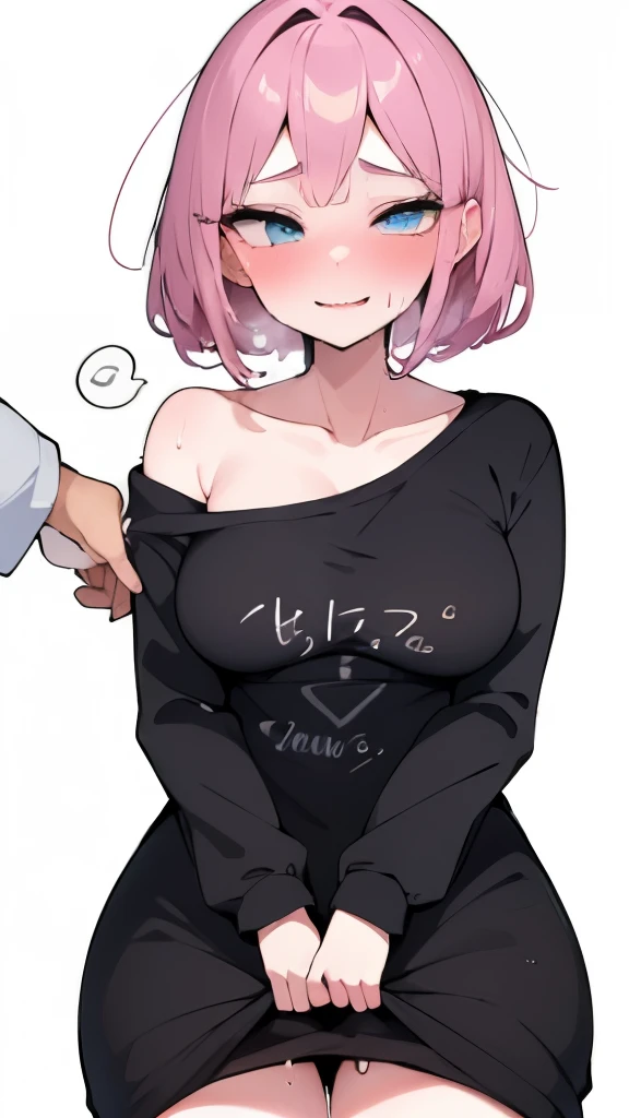 short girl and half-naked black man, A girl wearing an oversized plain pink T-shirt seduces the viewer while looking at him in the bathroom, view from bellow, healthy thighs,(ahegao:1.5, rolling eyes 、netorare face:1.5), 
, , (evil smile:1.2), off shoulder,(wet), long sleeve, tanned skin, Saucy, blush, Naughty play from behind, NTR composition、
((Sweaty half-naked man puts his hand on the girl&#39;s shoulder)),
absurd solution, super detailed, highest quality, cute illustration,