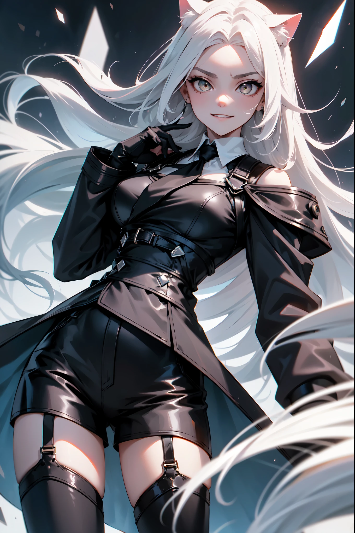 (18year old),(Perfect eyes), (Perfect hands), (Perfect fingers), (tight skirts: 1.3), Silver hair, Firearms, Heavily armed, in fighting, (gloves: 1.2), (guns), chains, in the distant future, the line between science fiction and fantasy has disappeared,(extremely details CG), (Extremely delicate and beautiful), Realistic Shadows, detailed skins, Ultra Detail, nffsw (High dynamic range), Ray tracing, depth of fields, Maximum sharpness and sharpness, Perfect proportions, White Balance, thirds rule, ,Dutch Angle,Good anatomy),Dynamic Pose, actionpose, open pose, (dark brown eyes),with strobe light、Dramatic shadows and highlights、Create images with a sense of depth and three-dimensionality,1 Female Gothic、Tangles、ornate,