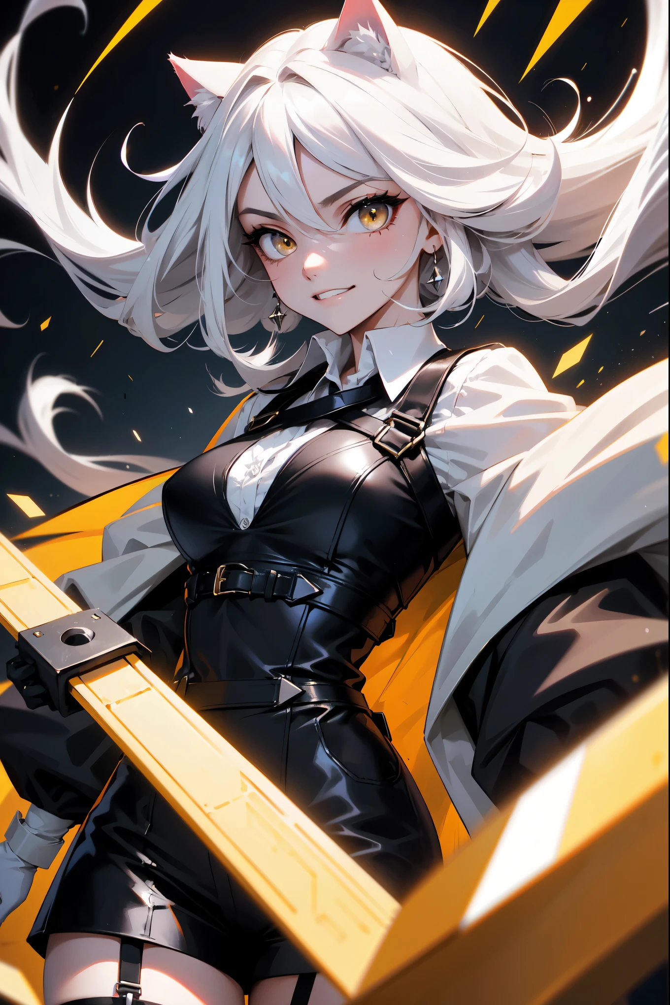 1girl, woman, solo, long hair, big hair, white hair, cat ears, (forehead:1.2), yellow eyes, medium breasts, devilish grin from below, white hair, (overcoat, black coat, open coat:1.2), white shirt, collared shirt, (chest harness, shoulder strap:1.15), black leather shorts, garter belt, gloves, ((from below)), Cute look, without smiling, elegant, looking at viewer, standing, chromatic aberration, (close-up to face:1.2), face only masterpiece, best quality, 4k