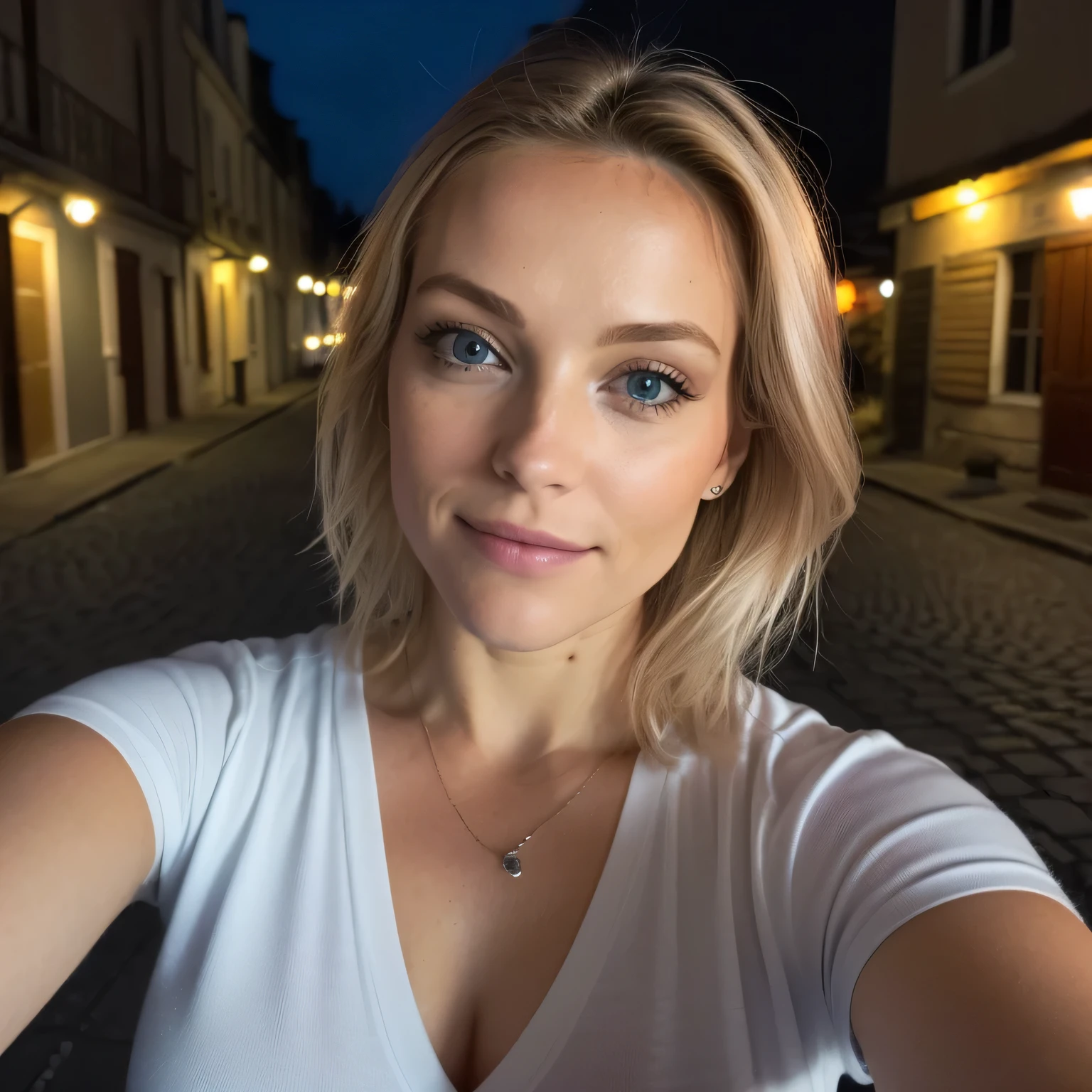 (Selfie, Vue de dessus: 1.4), (moitié droite du corps: 1.4), Photo portrait RAW UHD d’une blonde de 24 ans (Femme aux yeux bleus clairs) marcher dans une ruelle sombre, gros seins,, city at Nuit, (jupe t-shirt à col rond blanc), (décolletée), Détails (Textures! , cheveux! , Briller, Couleur!! , Inconvénients: 1.1), Des yeux brillants avec beaucoup de détails (regardant la caméra), Éclairage reflex, Reflex, Ultra-qualité, netteté, profondeur de champ, grain du film (centre), Fujifilm XT3, Limpide, frame centre, beau visage, mise au point nette, réverbère, Éclairage au néon, Bokeh (faiblement éclairé), Nuit, (Nuit sky), pores détaillés de la peau, peau grasse, coup de soleil, complex eye Détails, corps entier, gros seins