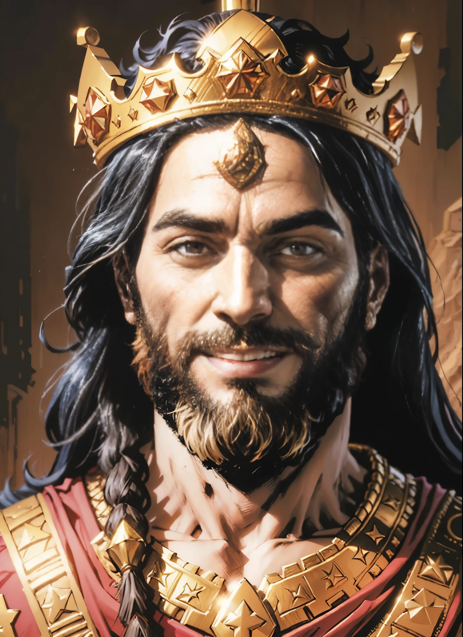 image of a bearded king with a crown on his head. The king is smiling. biblical costumes. biblical style. biblical setting. comic book style. Estilo marvel. 