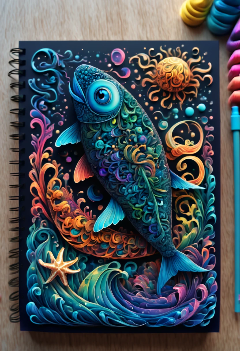 (best quality,ultra-detailed,realistic:1.37), text that says "magical lora", in the ocean, zentangle, full colored, 3d crunch,