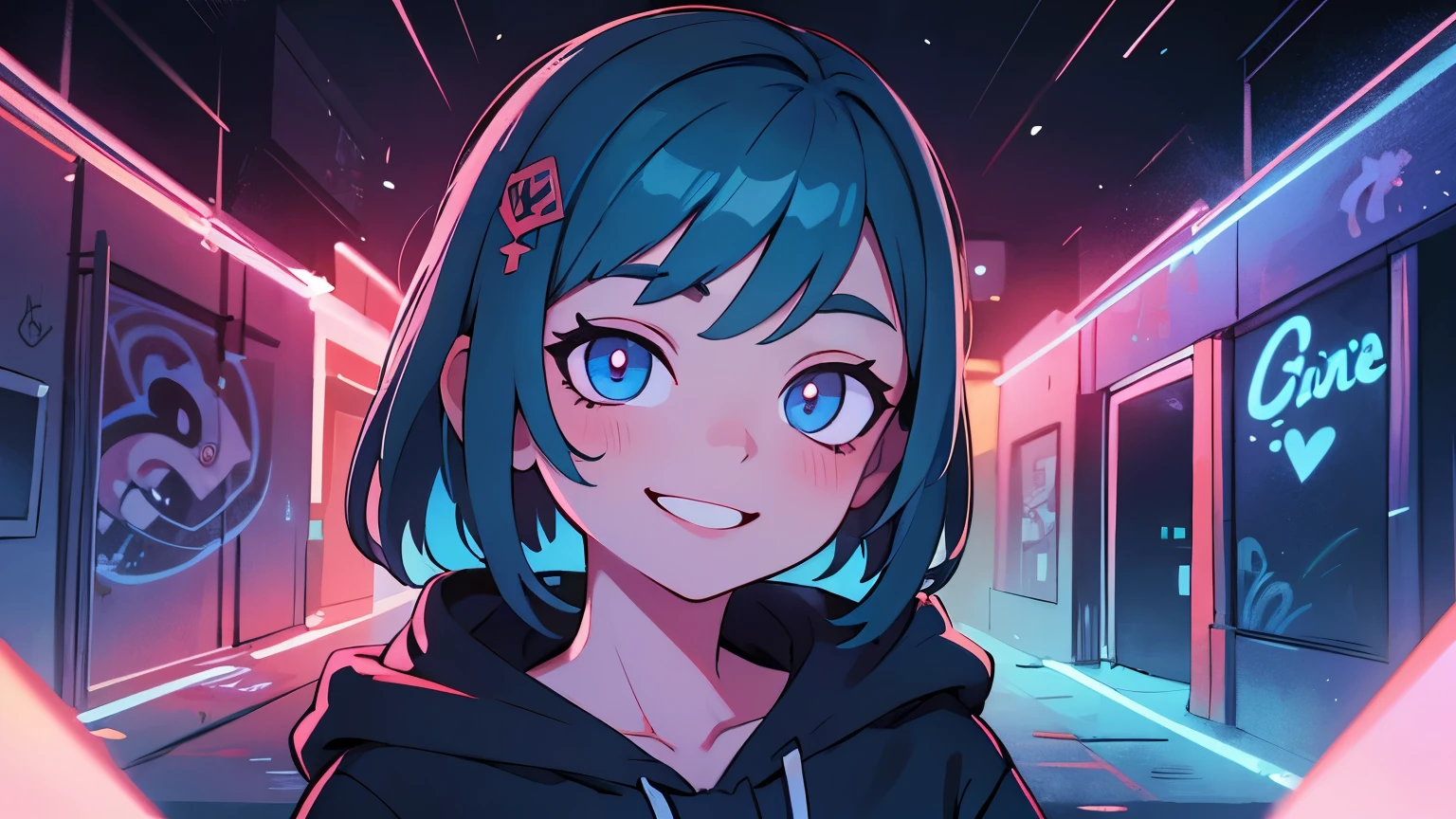 ((best quality)), ((masterpiece)), (detailed), perfect face, detailed background, masterpiece, best quality, smile, ornament, hoodie, portrait, blue neon, graffiti, dark, night, glowing eyes, blacklight
