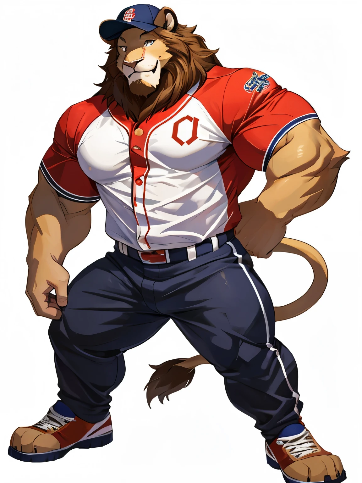 Lion, good looking, male, anthro, ultradetailed, muscular, solo, bareness, rippling muscles, muscles, simple background, white background, tail, smiling, pose, open legs, baseball uniform, furness, baseball cap, baseball pants, baseball shirt, bara, bulge