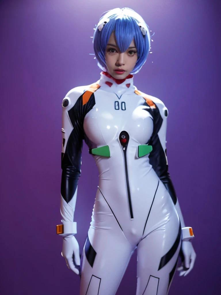 rei ayanami, a close up of a person in a white suit with blue hair, concept art inspired by Rei Kamoi, pixiv, art nouveau, anime cyborg, perfect anime cyborg woman, gynoid cyborg body, neon genesis evangelion style, cybersuits, cyber suit, evangelion third impact inspired, full body view, slender body, armpit, city lights ambience