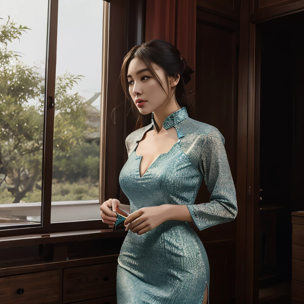 8k, Masterpiece Best Quality, Women, Man, (Gentle Shape), perfect face, hanfu dress, sexy, fascinating, thin fabric chinese dress, tower, red lantern tower,