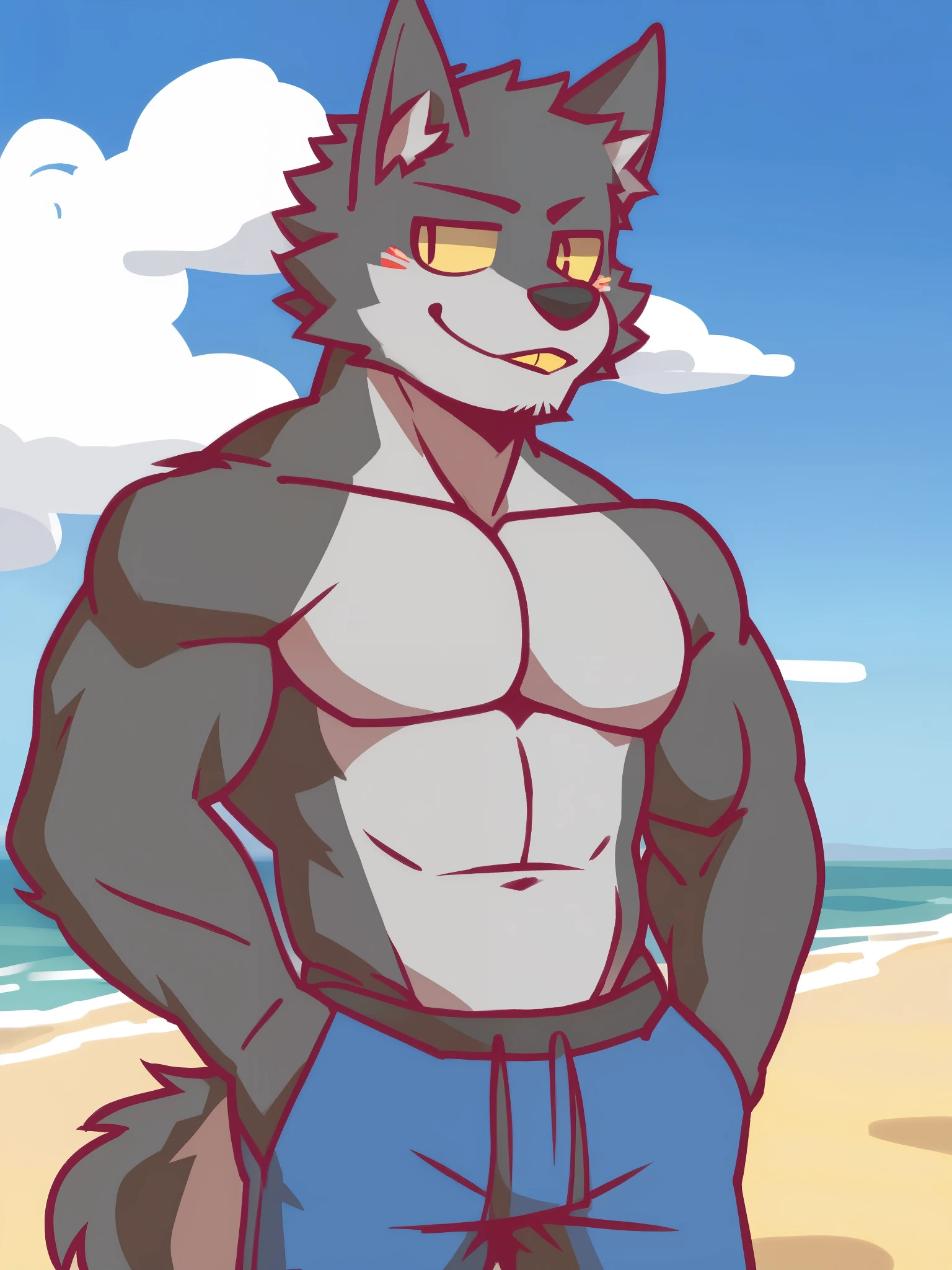 flunky, black wolf, kemono, muscular, detailed eyes, yellow sclera, (black iris), topless, sexy, blue short pants ; high res, masterpiece, best quality, outdoor background, lineart