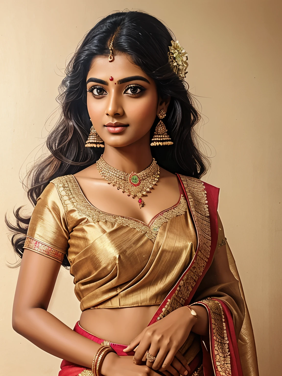 Pencil sketch of a extremely beautiful Tamil girl, wearing saree blouse petticoat high heels, intricate detailing, eyes symmetry, face symmetry, HDR