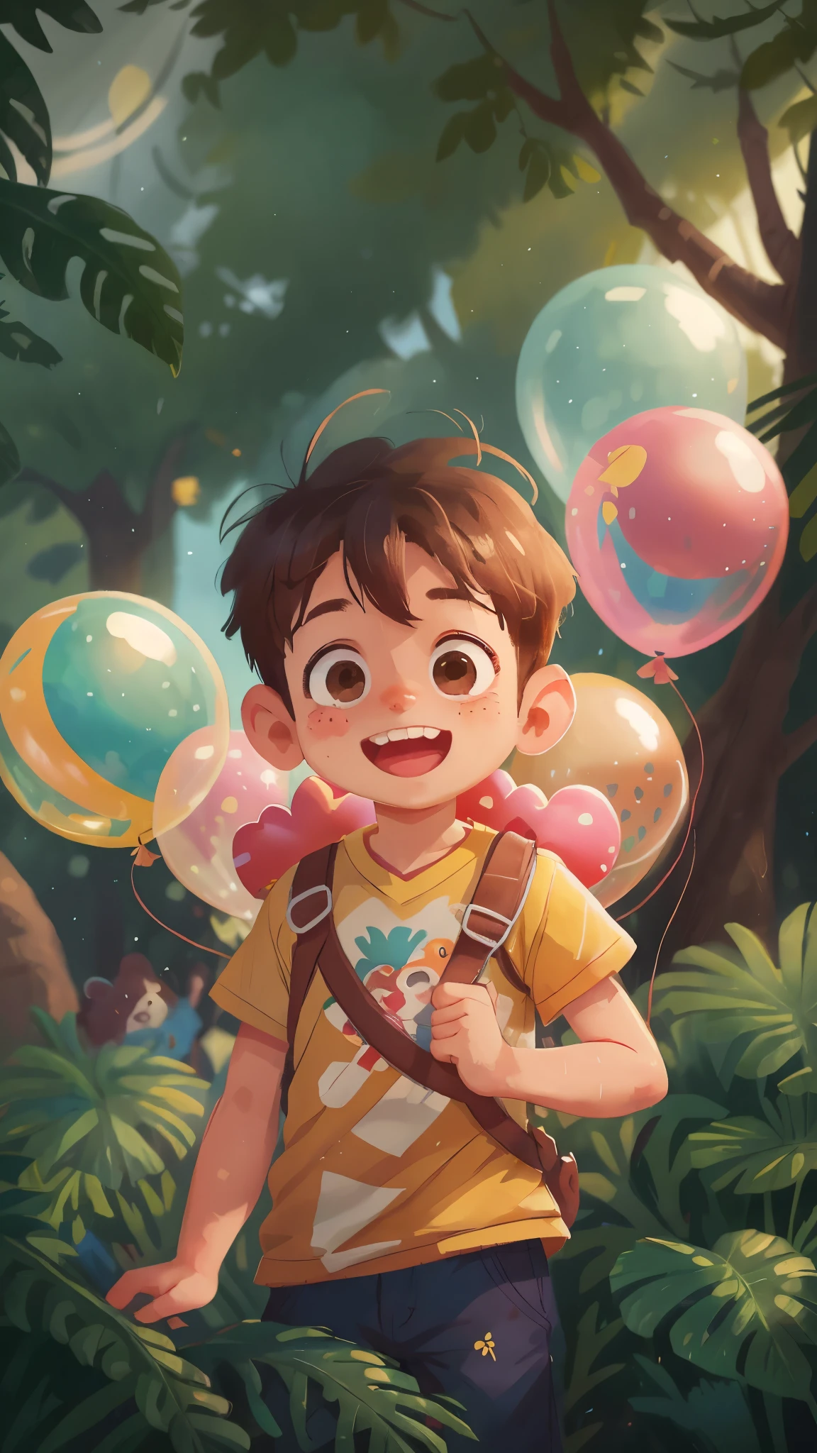 A boy, zoo, many balloons, happy, happy, perfect quality, clear focus (clutter - home: 0.8), (masterpiece: 1.2) (realistic: 1.2) (bokeh) (best quality) (detailed skin: 1.3) (intricate details) (8K) (detail eyes) (sharp focus), (happy)