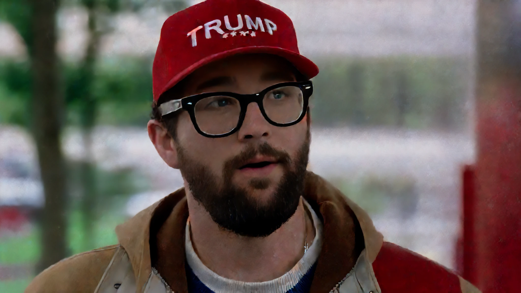 eljhzubl man is wearing a red baseball hat with the word trump on it a short beard and glasses in ferris bueller's day off, ((best quality)), ((masterpiece)), (detailed), perfect face,