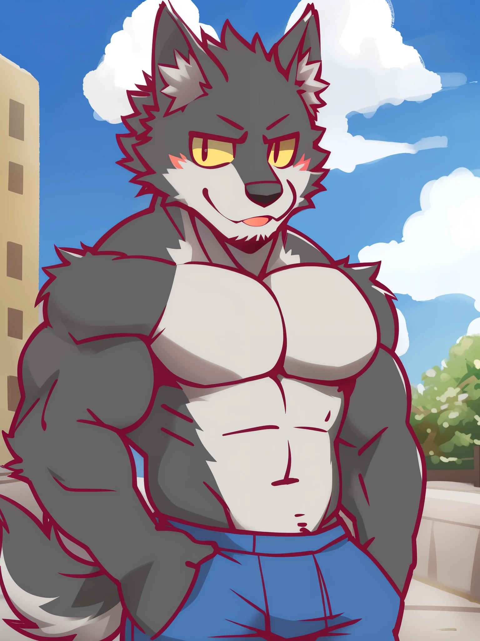flunky, black wolf, kemono, muscular, detailed eyes, yellow sclera, (black iris), topless, sexy, blue short pants ; high res, masterpiece, best quality, outdoor background