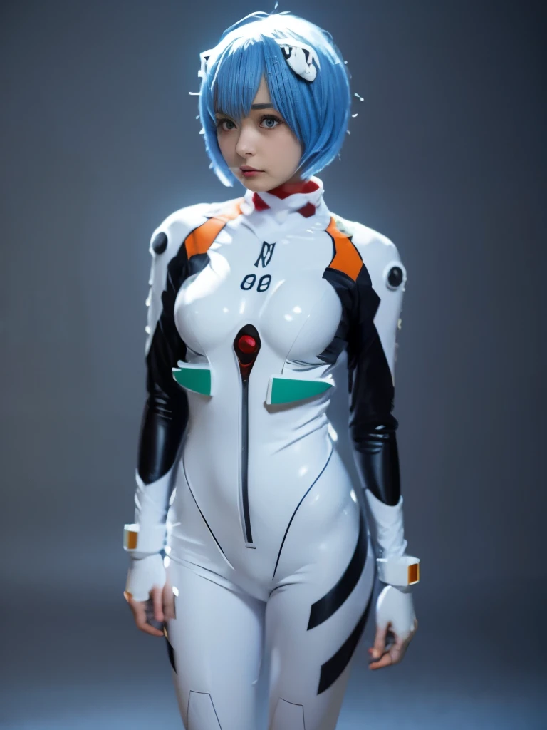 (Best Quality, high resolution, masterpiece:1.2), 1girl in, Ayanami rei, bob cuts, plugsuit, Interface headset, modern headquarter hall background, Light blue hair color, deadpan, full-face blush, embarrassed, Looking at Viewer, cowboy shot, blue ambience, standing, full body shot, long legs, one hand behind her back, slender body