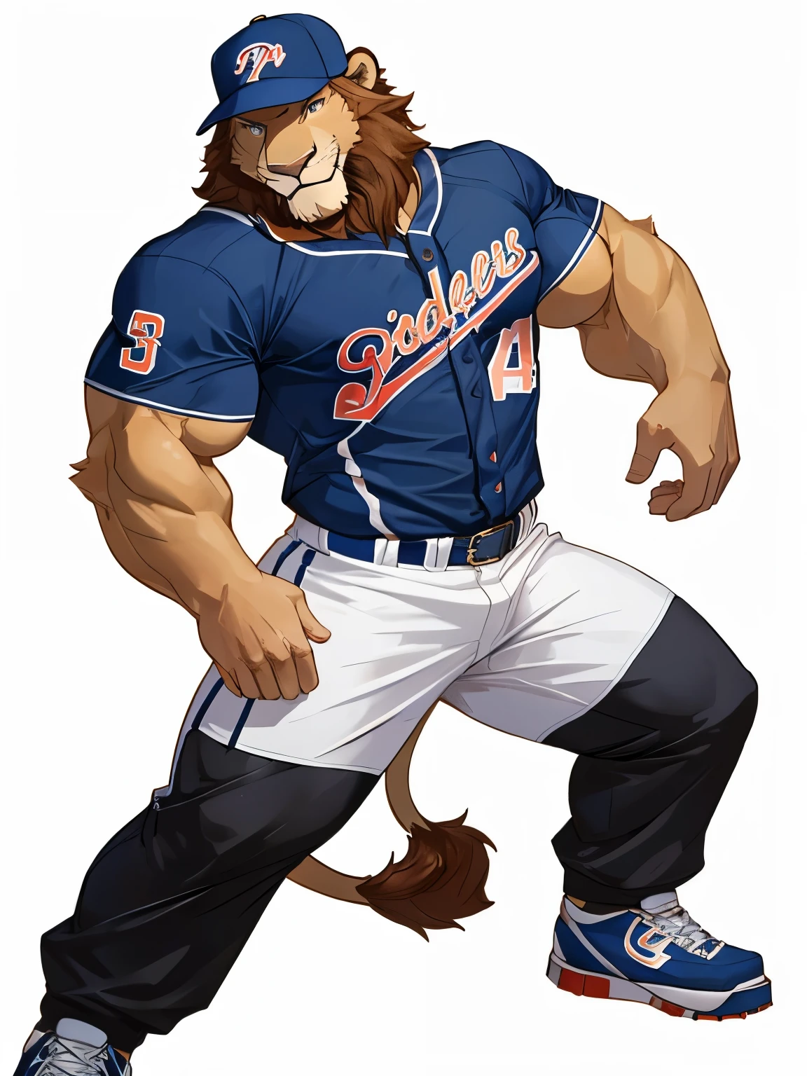 Lion, good looking, male, anthro, ultradetailed, muscular, solo, bareness, rippling muscles, muscles, simple background, white background, tail, smiling, pose, open legs, baseball uniform, furness, baseball cap, baseball pants, baseball shirt