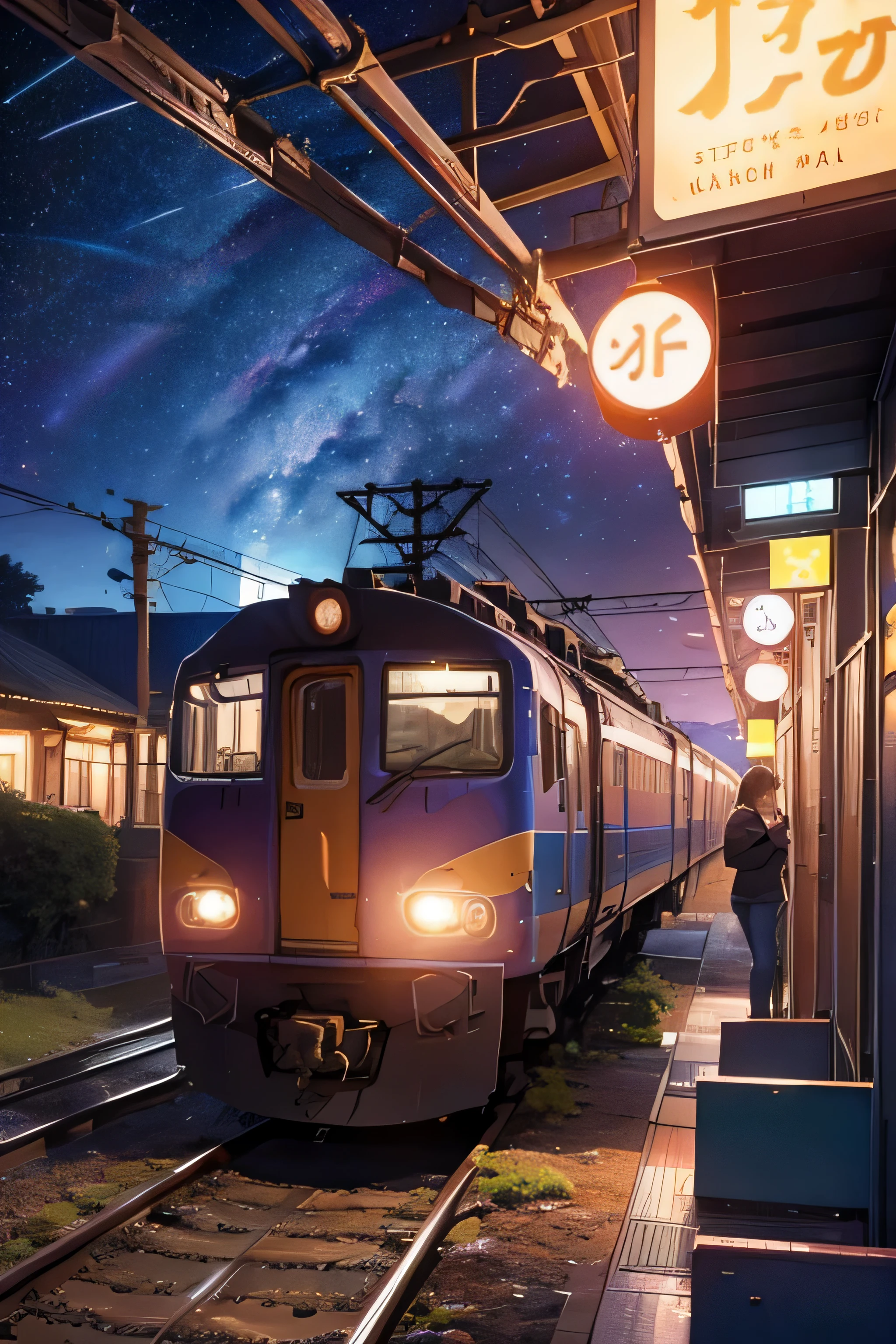 a train on its way to another galaxy, colorful train. background has extremely detailed galaxy and stars with different colors. 8k render, realistic image. beautiful atmosphere