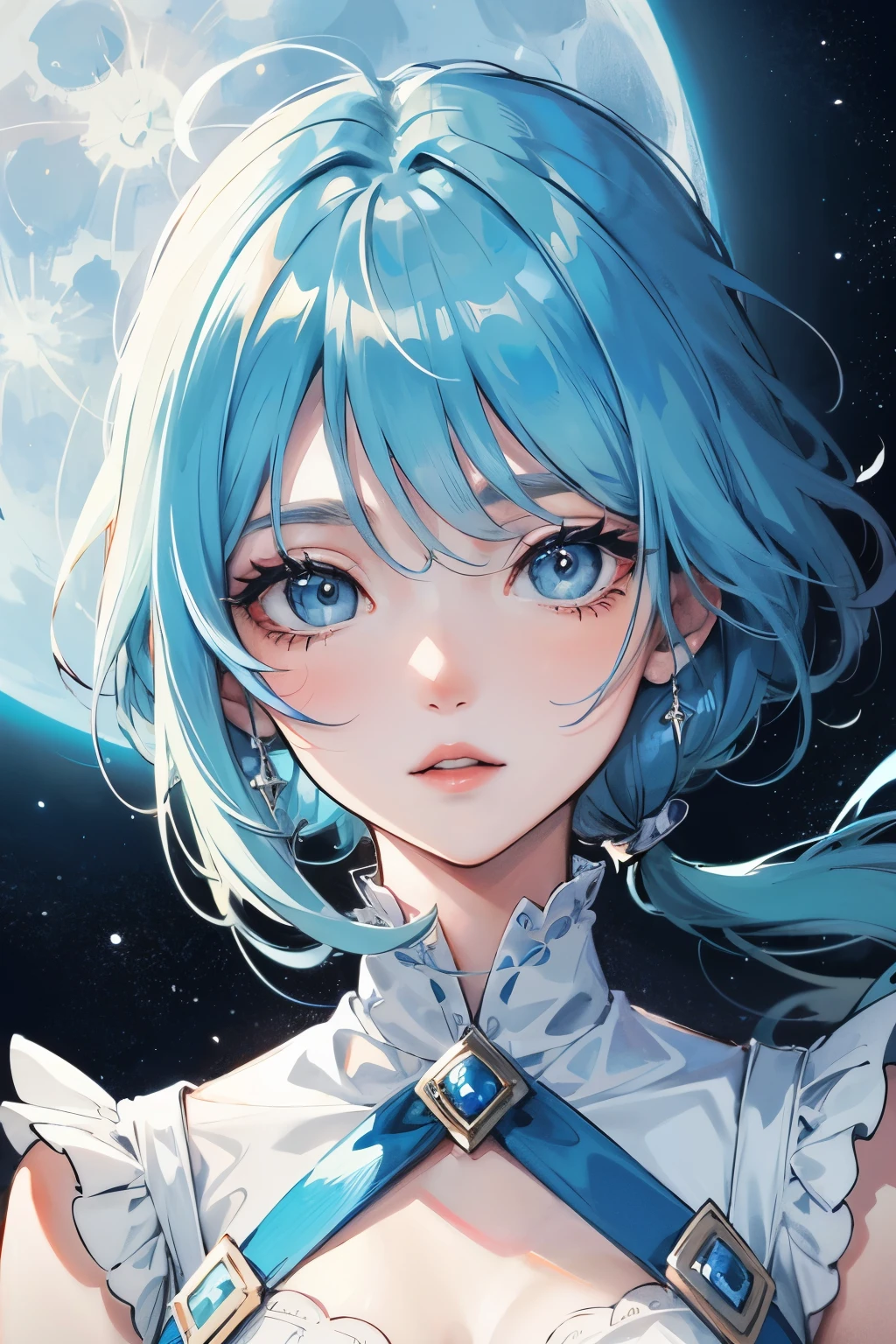 best quality Hair light blue moon night anime face blue eyes God fantasy
