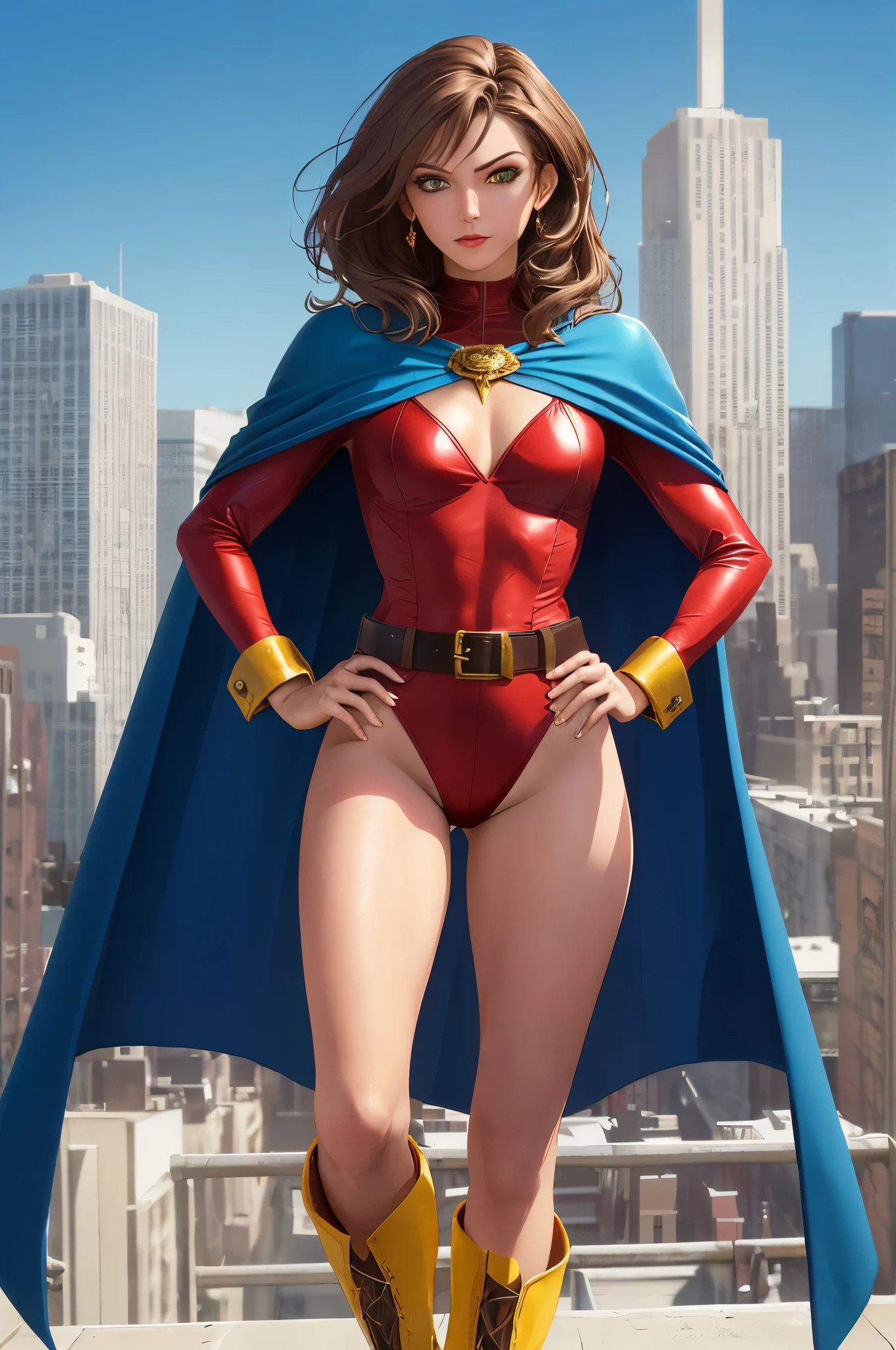 ((best quality)), ((masterpiece)), ((ultra realistic)), (dynamic heroic pose), american, beautiful detailed face, detailed eyes, sexy reporter, ((dressed in a red leotard with blue accents)), new york city backdrop, highly detailed, professional, bare legs, full body), hands on hip, standing, ((brown hair, medium hair)), green eyes, matching boots, yellow boots, ((long sleeves, yellow cuffs)), yellow hawk-shaped crest engraved on chest, ((blue cape)), cowboy shot, belt