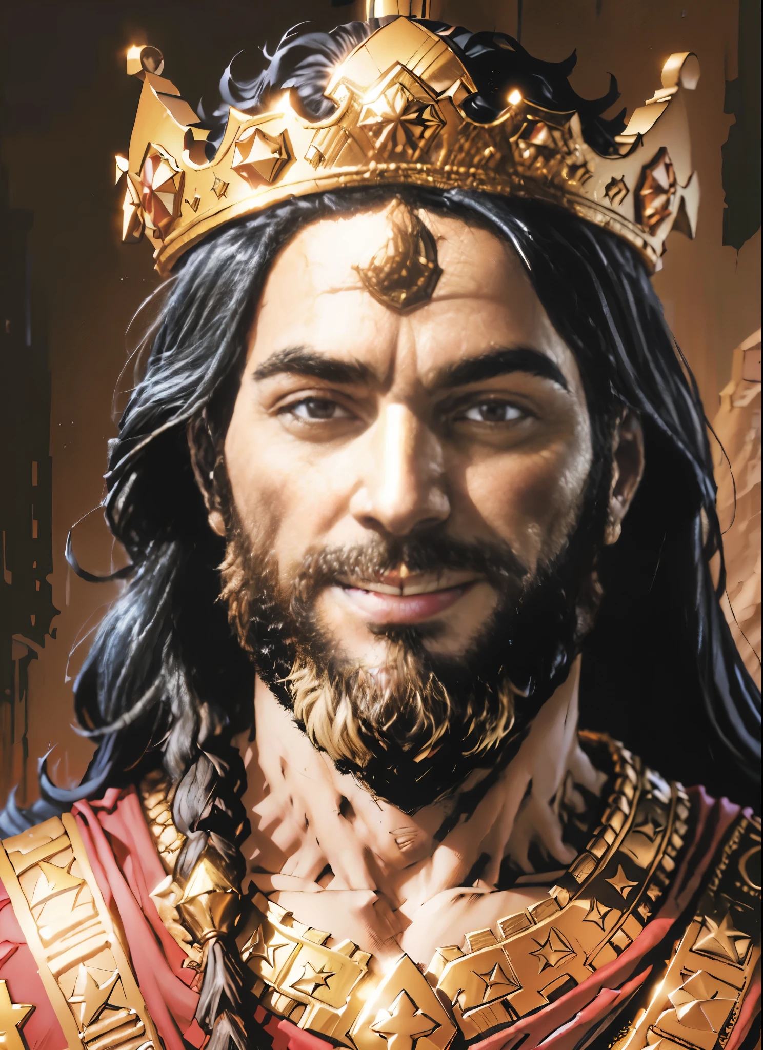 image of a bearded king with a crown on his head. The king is smiling. biblical costumes. biblical style. biblical setting. comic book style. Estilo marvel.