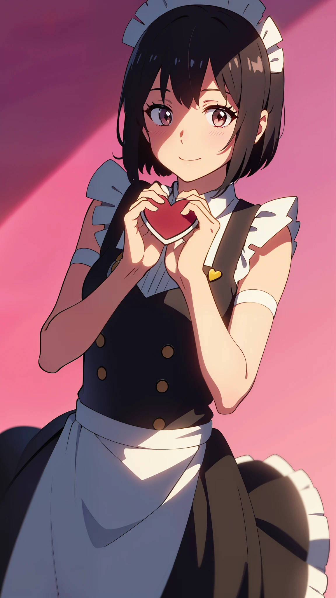 shinkai makoto, kimi no na wa., 1girl, bangs, black hair, blush, brown eyes, shiny skin, cute, smile, short hair, looking at the viewer, maid, maid apron, maid headdress, apron, bow, dress, short dress, frills, hair ornament, heart, heart hands, perfect hands, perfect fingers, Off-the-shoulders, solo, valentine background, romantic atmosphere
