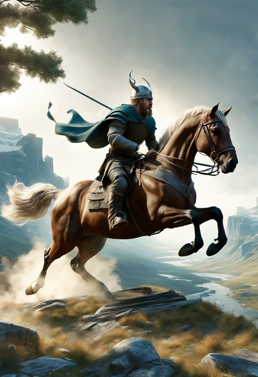 Vikings, ((Vikings men, warrior defending their territories mounted on horseback:1.4)), perfectly defined and detailed body, dynamic poses, beautiful landscapes, trees, bushes, mountains, epic, ultra, (photorealistic:1.2), (masterpiece) ,(Top quality, 8k, 32 tsp., table), (Dynamic Pose), ((Best quality)), ((masterpiece)), (highly detailed:1.2), (Cinematic Lighting), 3D, beautiful,