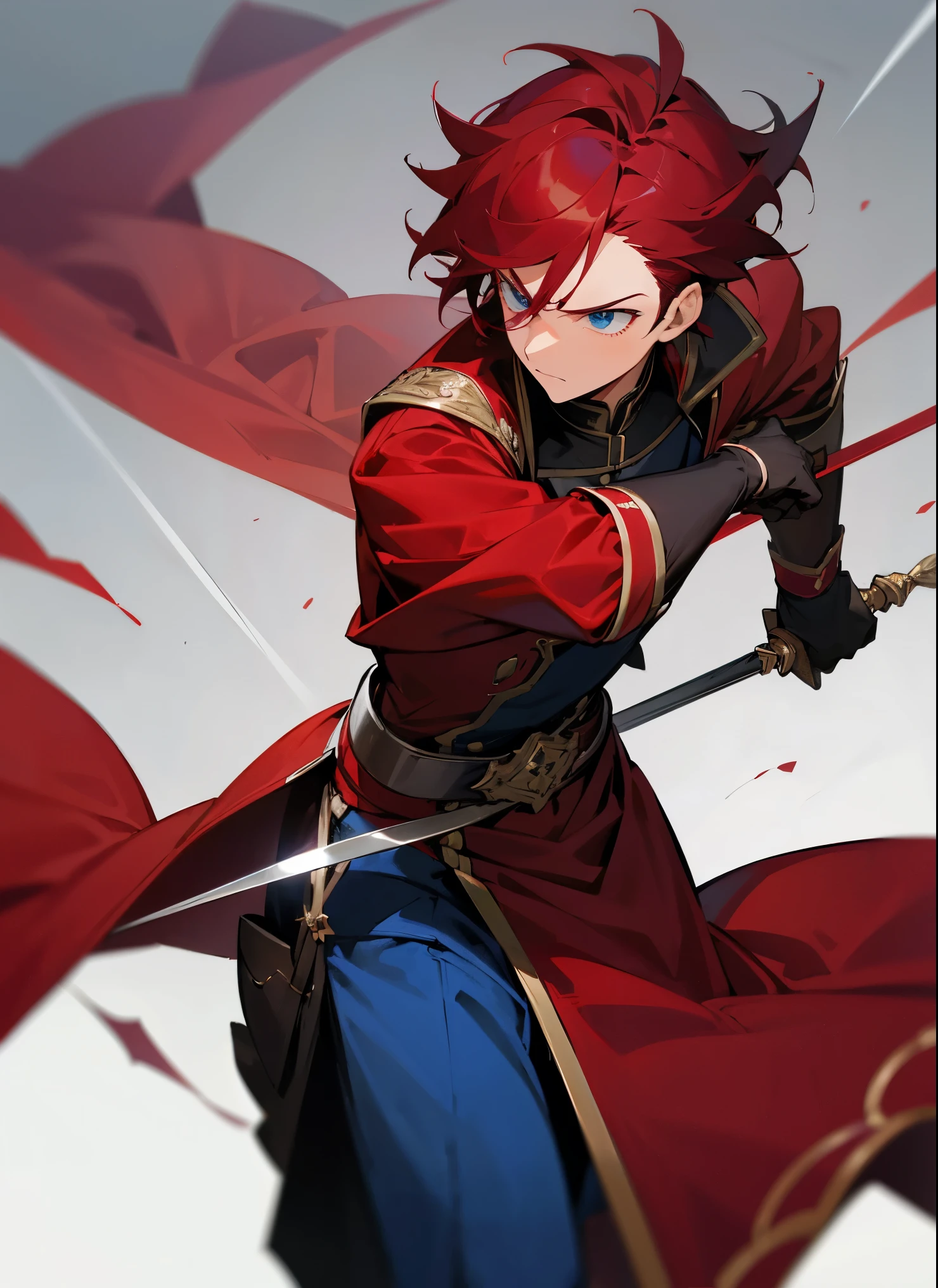 1male , Adult Male ,Maroon Red Hair , Serious Expression ,Red Royal Gaurd Clothing ,Blue Eyes, Rapier on hip , Rapier Hilt