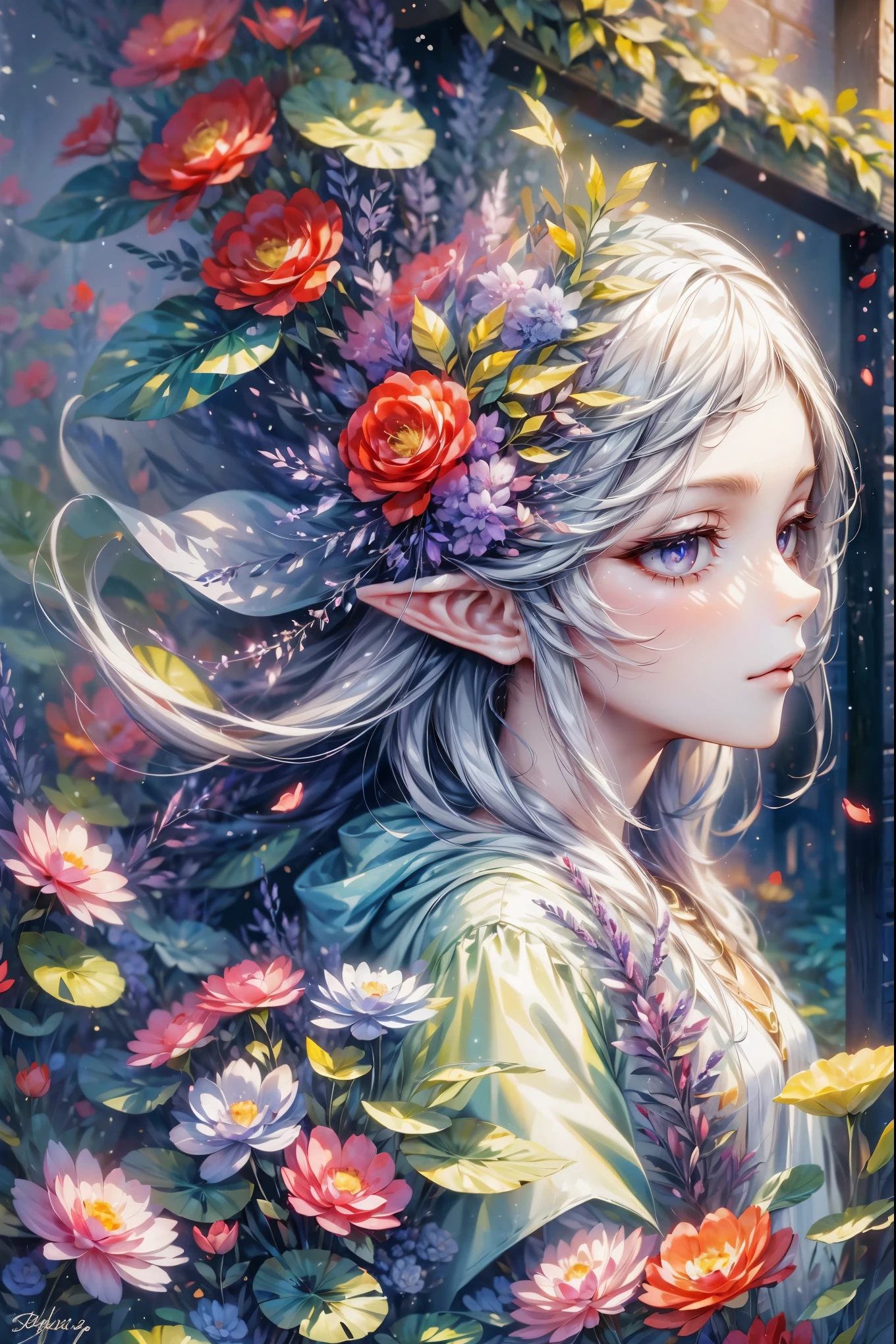 (masterpiece, 8k, Super detailed), 1 person, Create a gorgeous portrait of the Elf King, long white hair, purple eyes, Bokeh, shimmer,
