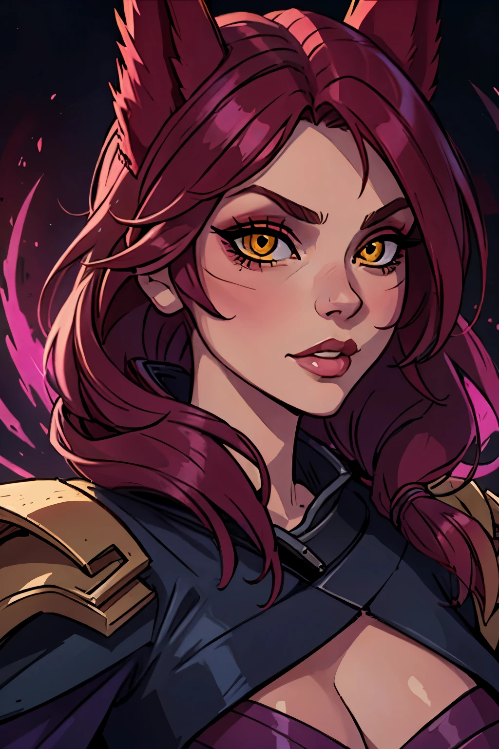 masterpiece, best quality, 1girl, close-up, portrait, xayah, intense makeup, yellow eyes, beautiful, slim