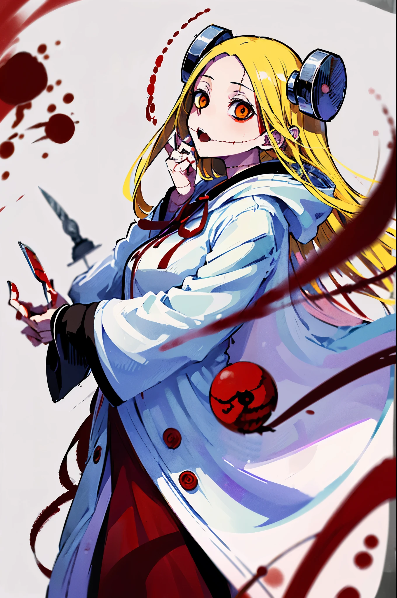 Madaraki_Fran,young woman ,(Screams) ,White robe ,a lot of blood,((Blood magick)), long hair ,Blood magic , conjures , Blood , yellow hair,Seams , Scars on the body ,blood stains on clothes , blood spatter , face covered in blood , hair in blood,(((VILLAIN)))