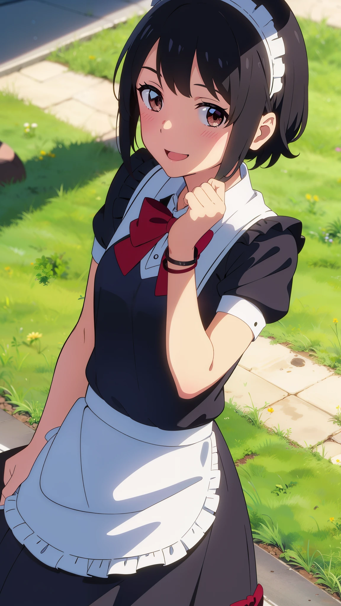 shinkai makoto, kimi no na wa., 1girl, bangs, black hair, blush, brown eyes, looking at the viewer, red headband, red ribbon, short hair, full body, smile, cute, solo focus, Off-the-shoulders, smile, happy, open mouth, maid, maid apron, maid headdress, apron, bow, short dress, arms up, lying, lying on grass, grass