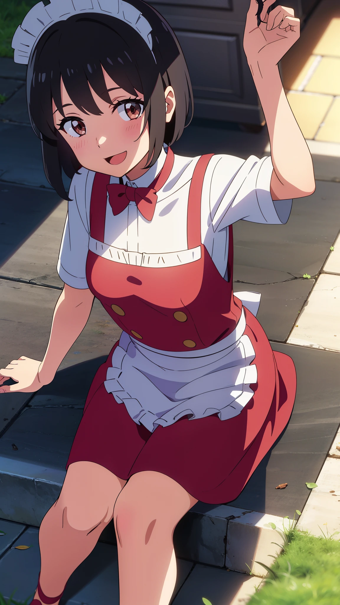 shinkai makoto, kimi no na wa., 1girl, bangs, black hair, blush, brown eyes, looking at the viewer, red headband, red ribbon, short hair, full body, smile, cute, solo focus, Off-the-shoulders, smile, happy, open mouth, maid, maid apron, maid headdress, apron, bow, short dress, arms up, lying, lying on grass, grass