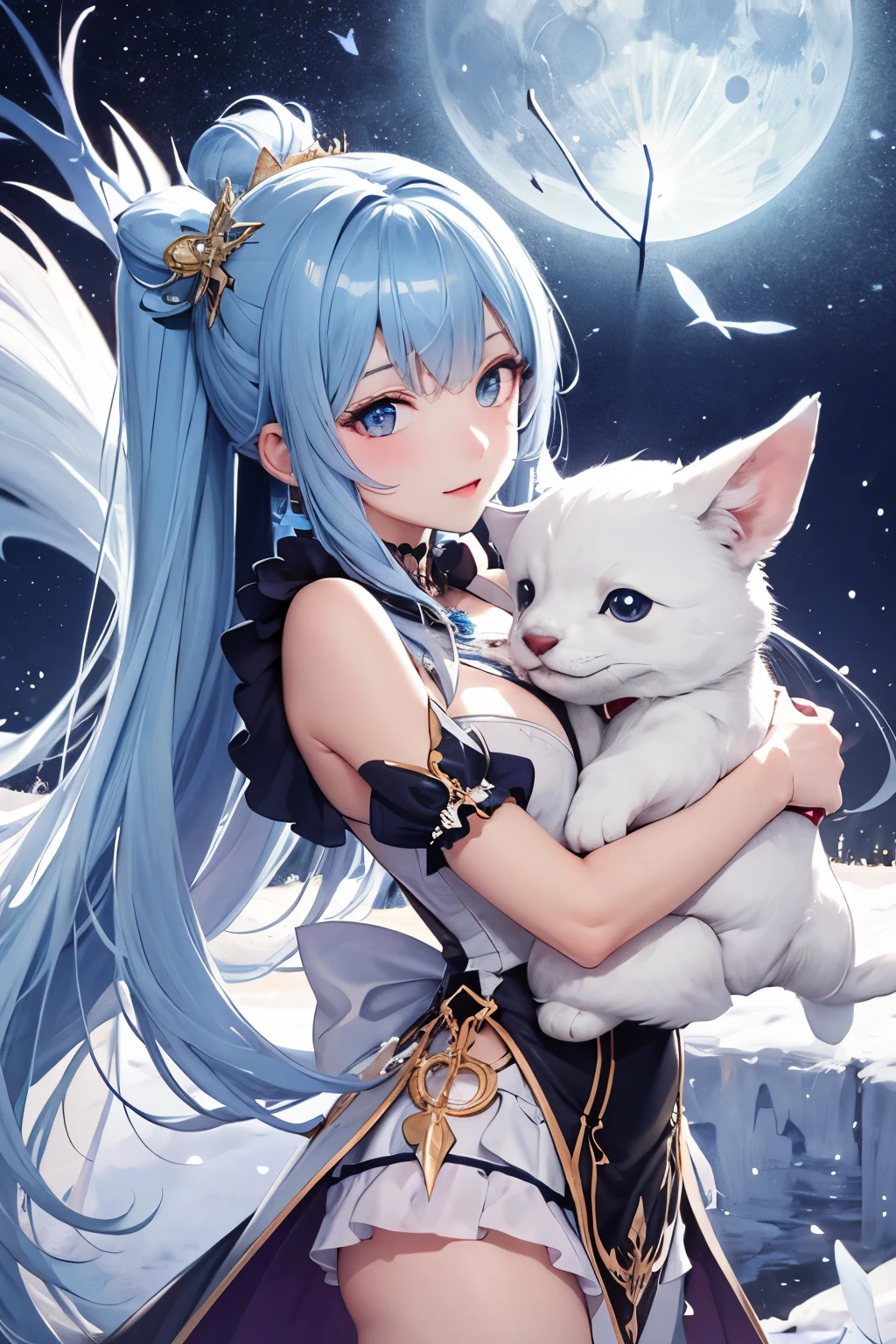 best quality Hair light blue moon night anime face blue eyes God cute clear