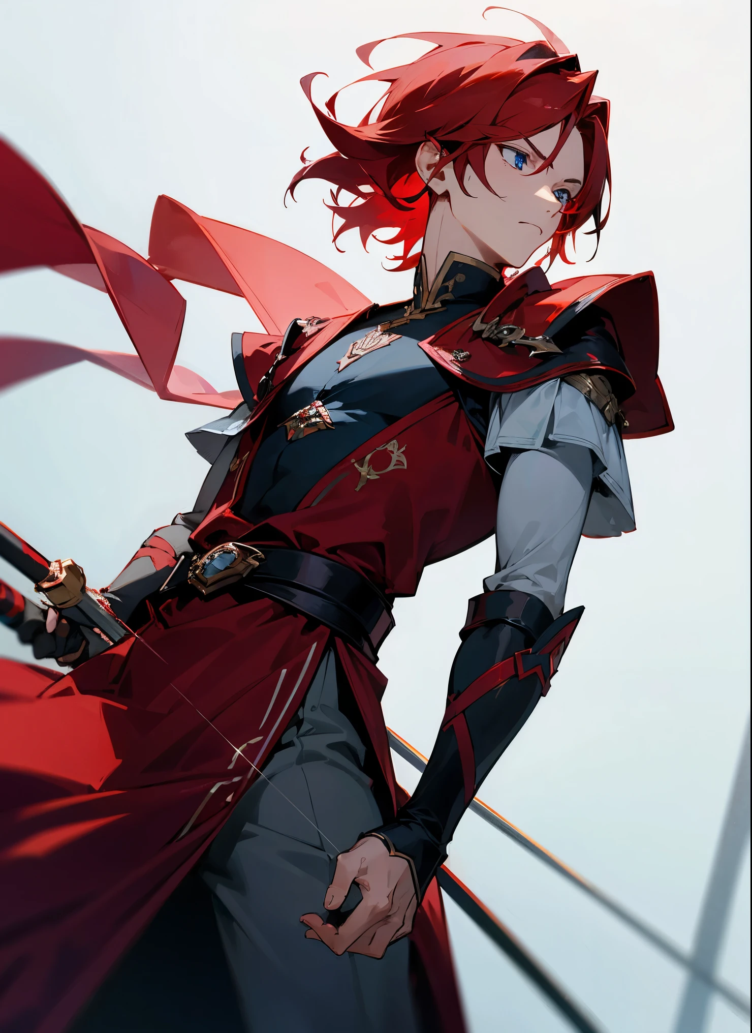1male , Adult Male ,Maroon Red Hair , Serious Expression ,Red Royal Gaurd Clothing ,Blue Eyes, Rapier on hip , Rapier Hilt