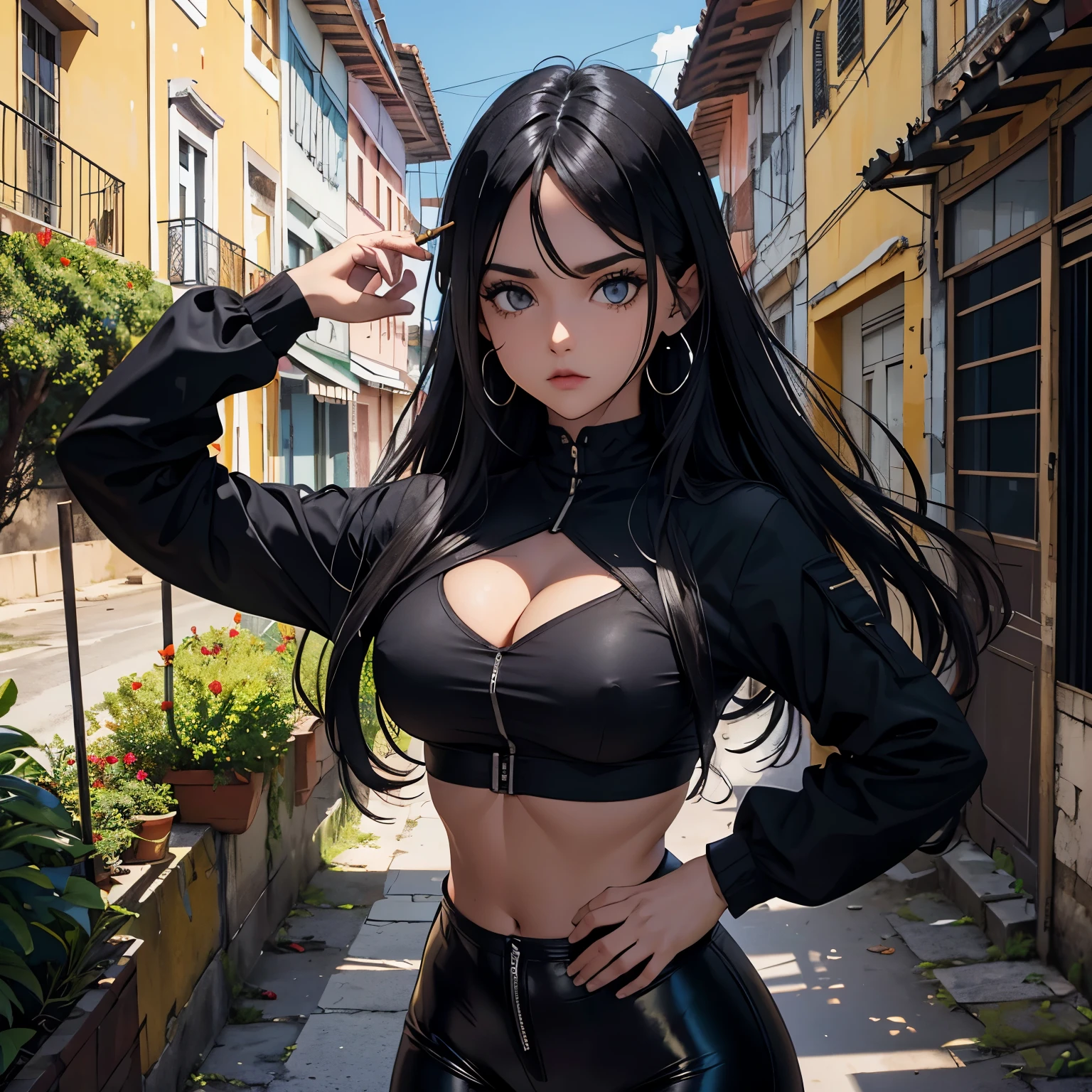 1 garota, Close-up, (cabelo preto, cabelo curtos, medium breasts, olhos roxos), Anatomia perfeita, CIDADE, ((camisa roxa, jaqueta preta, Saia preta, umbigo, cinto, luvas pretas, brincos, See Through Black Leggings)), ((poder de ferro)), Guerra, ruined CIDADE, campo de batalha, escombros, buildings,cigarro