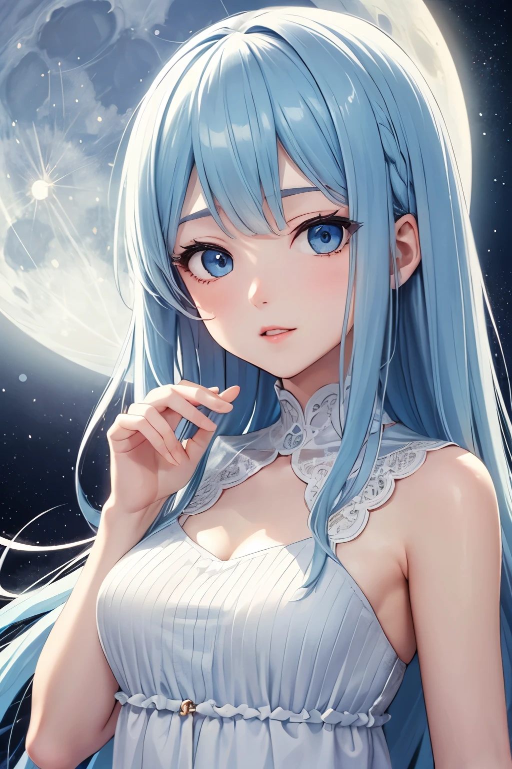 best quality Hair light blue moon night anime face blue eyes God cute clear
