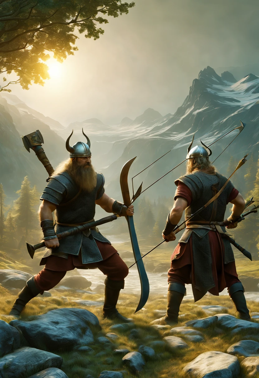 Vikings, ((several Viking men with weapons of the time (sword and axe, but other weapons such as the bow and arrow), warriors defending their territories hyperrealistic: 1.4)), perfectly defined and detailed body, dynamic poses, beautiful landscapes, Trees, Bushes, Mountains, Epic, Ultra, (Photorealistic:1.2), (Masterpiece), (Top Quality, 8k, 32tsp, Tabletop), (Dynamic Pose), ((Best Quality)), ((Masterpiece) ), (highly detailed: 1.2), (Cinematic Lighting), 3D, beautiful,