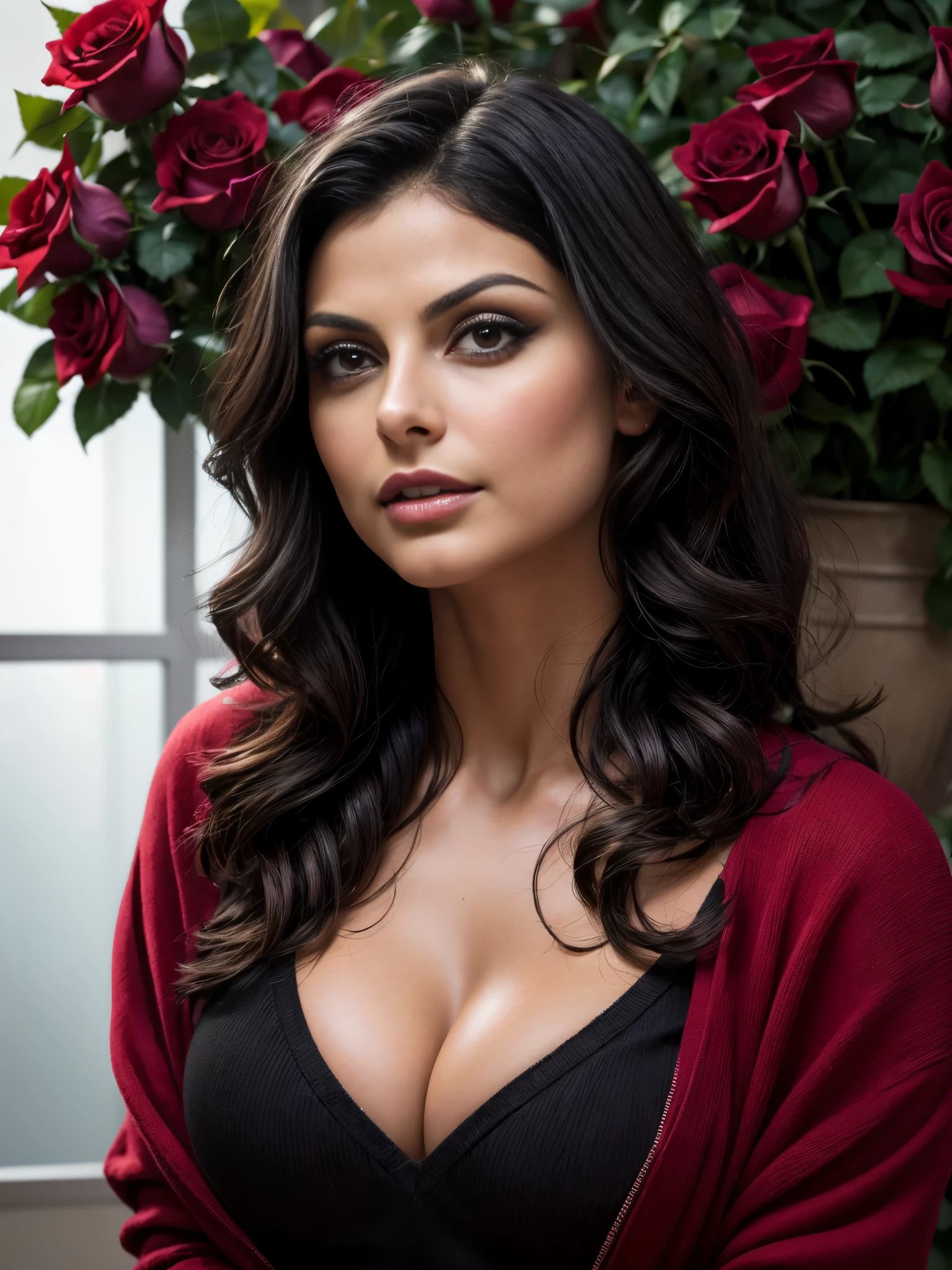 from below, best quality, ultra high res, (photorealistic:1.4), Morena Baccarin, (makeup:1.4), long sleeve sweater, natrual breasts, (black wavy hair:1.3), (surrounded by roses:1.3), (sweet romantic lighting:1.4), (seductive expression:1.1), looking at viewer, (satin cargo pants:1.05)