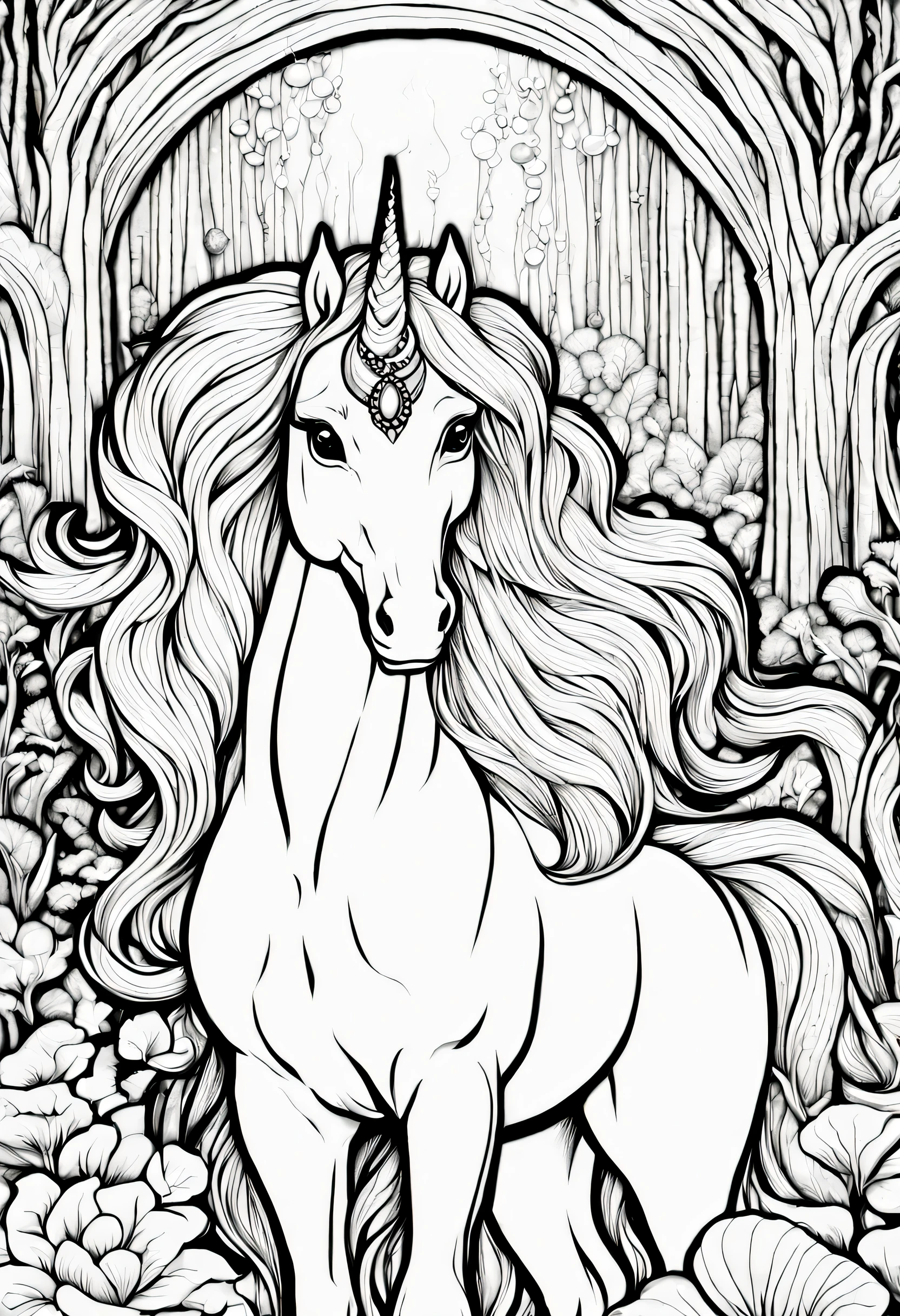 ((livro de colorir, Livro para colorirAF)), (LINHA ARTE, desenho de linha,) A fantastic unicorn (( in braids with radiant gems,)) strolling through a magical clearing where enchanted mushrooms emit a soft glow.alto detalhe, obra de arte, super detalhe, Pele texturizada, preciso, 8k, stub only